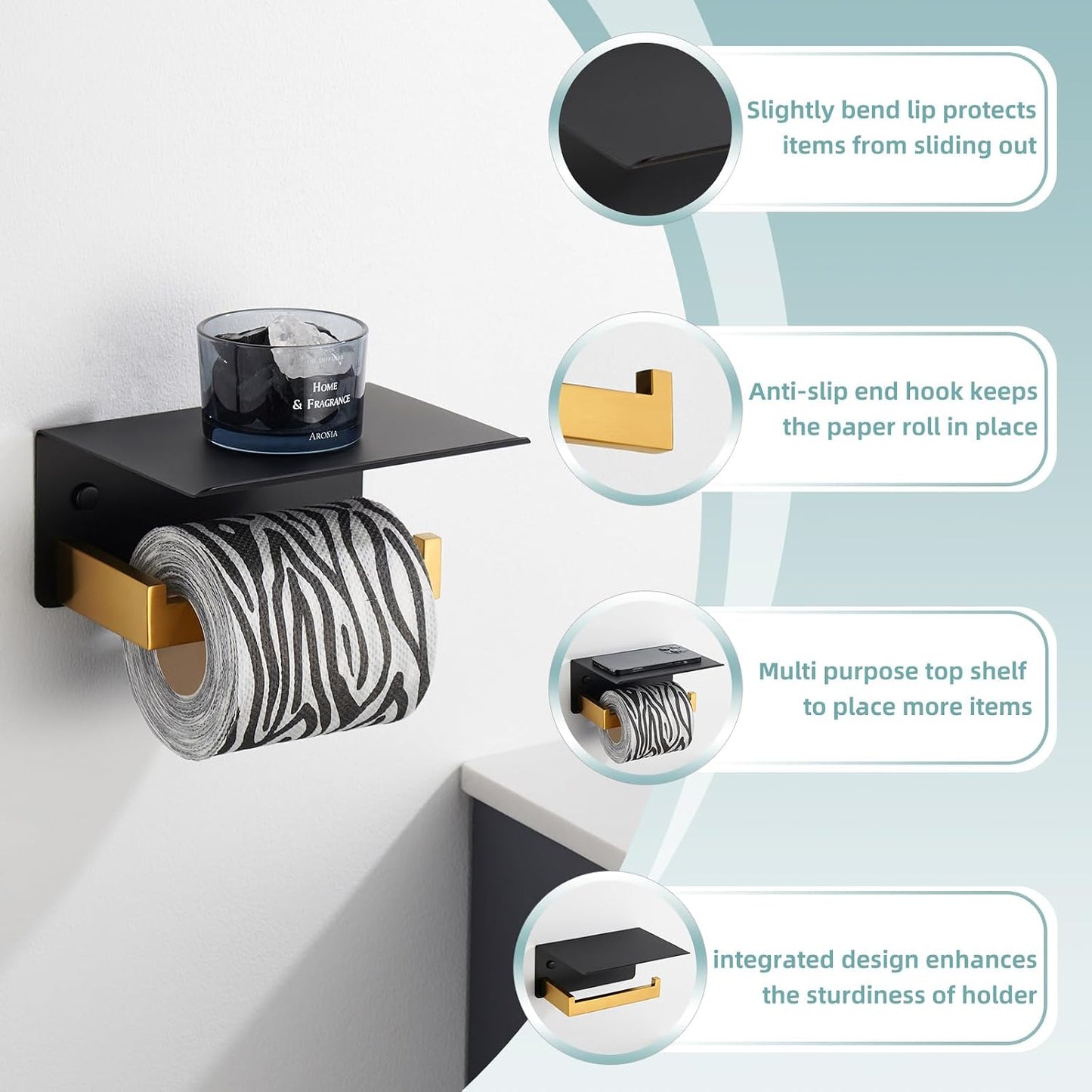 APLusee Black and Gold Toilet Paper Holder with Storage Shelf, Wall Mounted | 304 Stainless Steel Tissue Holder