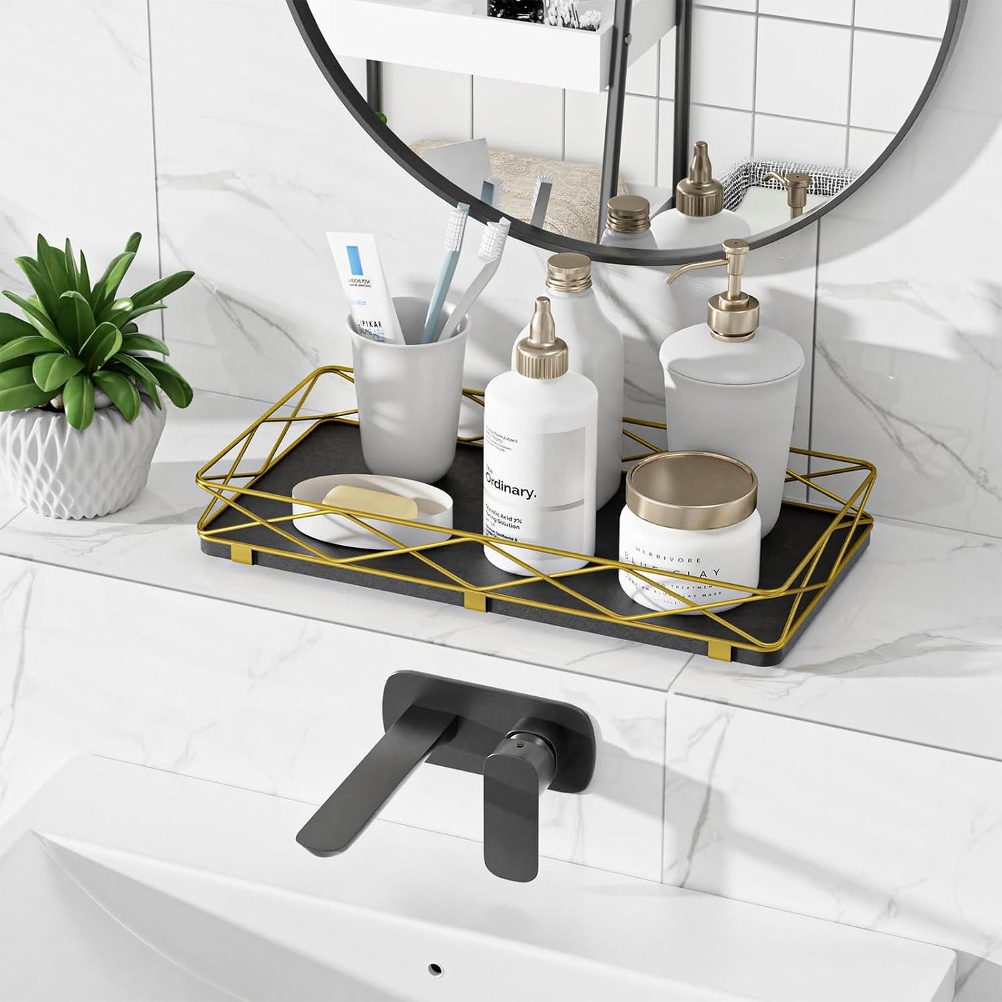 Wood and Metal Toilet Tray Vanity Organizer Bathroom Tray / Black+gold