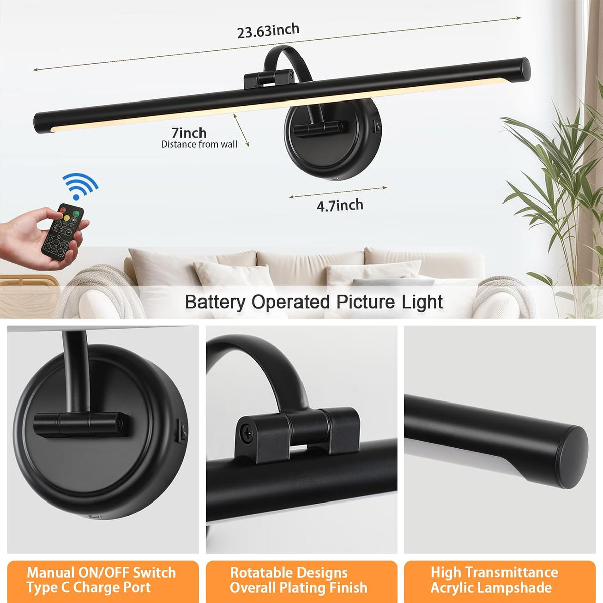 LED Picture Light,Cord-free Picture Frame Light for Wall, 5000mAh Rechargeable Art Lights, Cordless Battery Wall Sconce