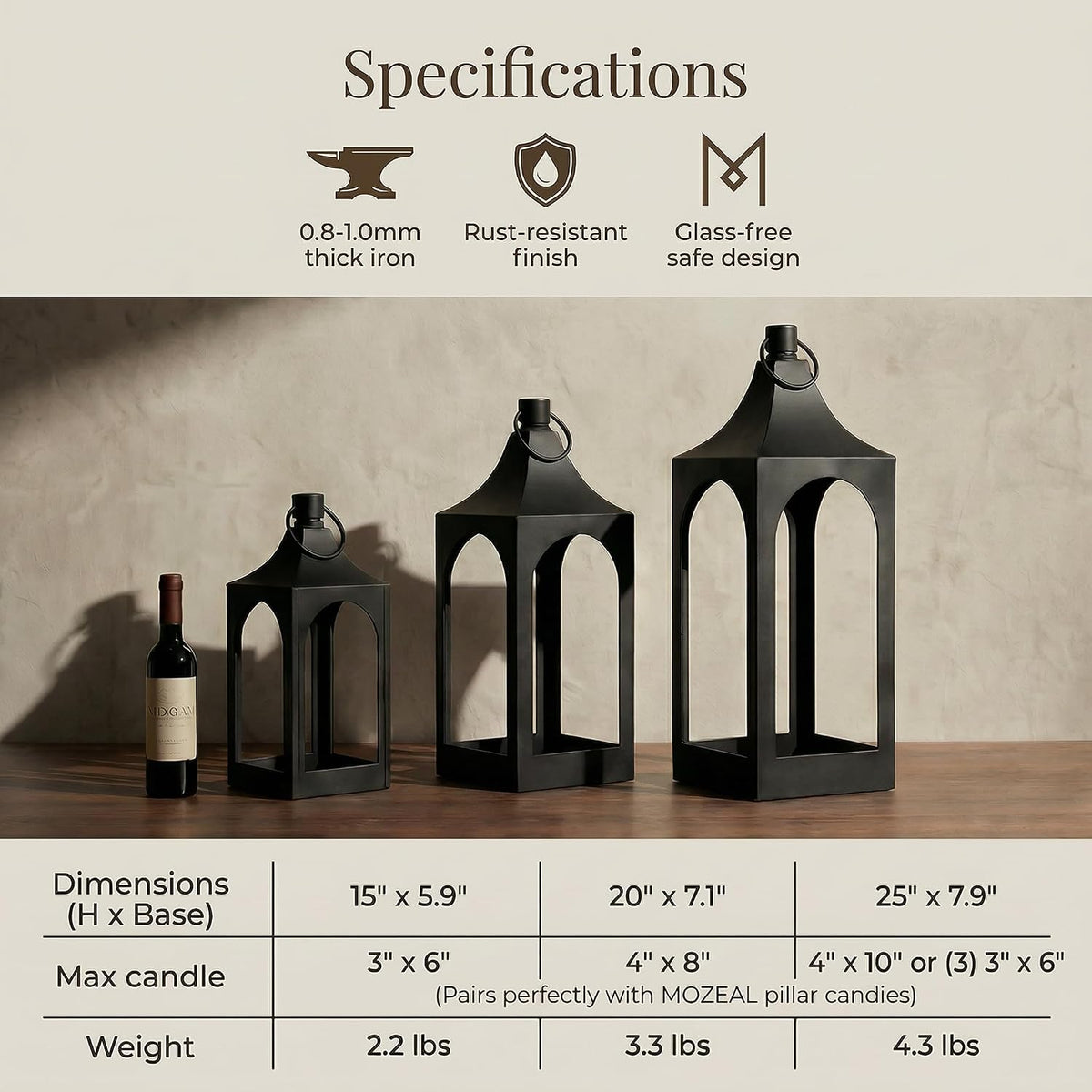 MOZEAL 20" Large Grace Spire Floor Lantern - Black Heavy Metal No Glass - Rust-Resistant, in/Out Use, for