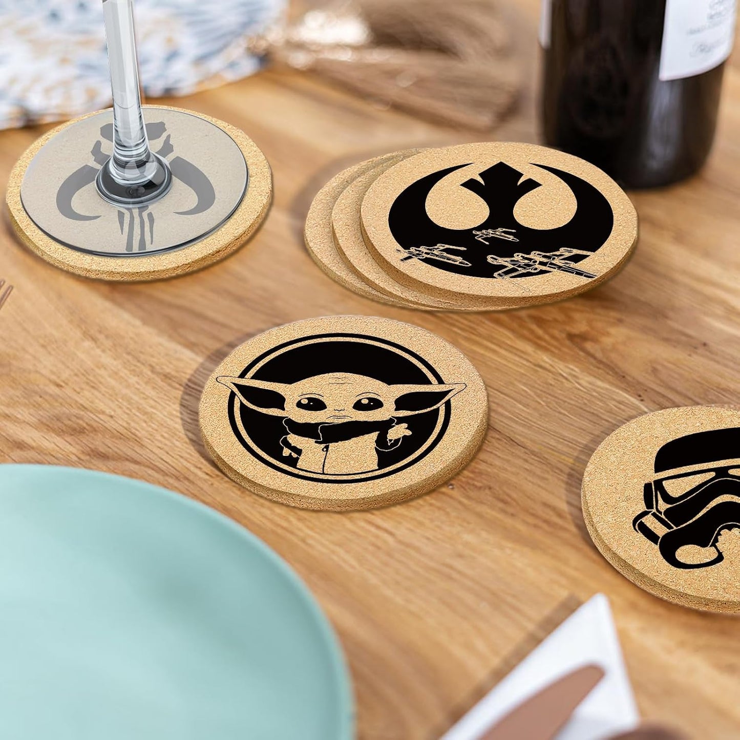 Holder / Absorbent Coaster Cork Wood for Cup Desk Office Table Kitchen / Star Battle / Set of 6