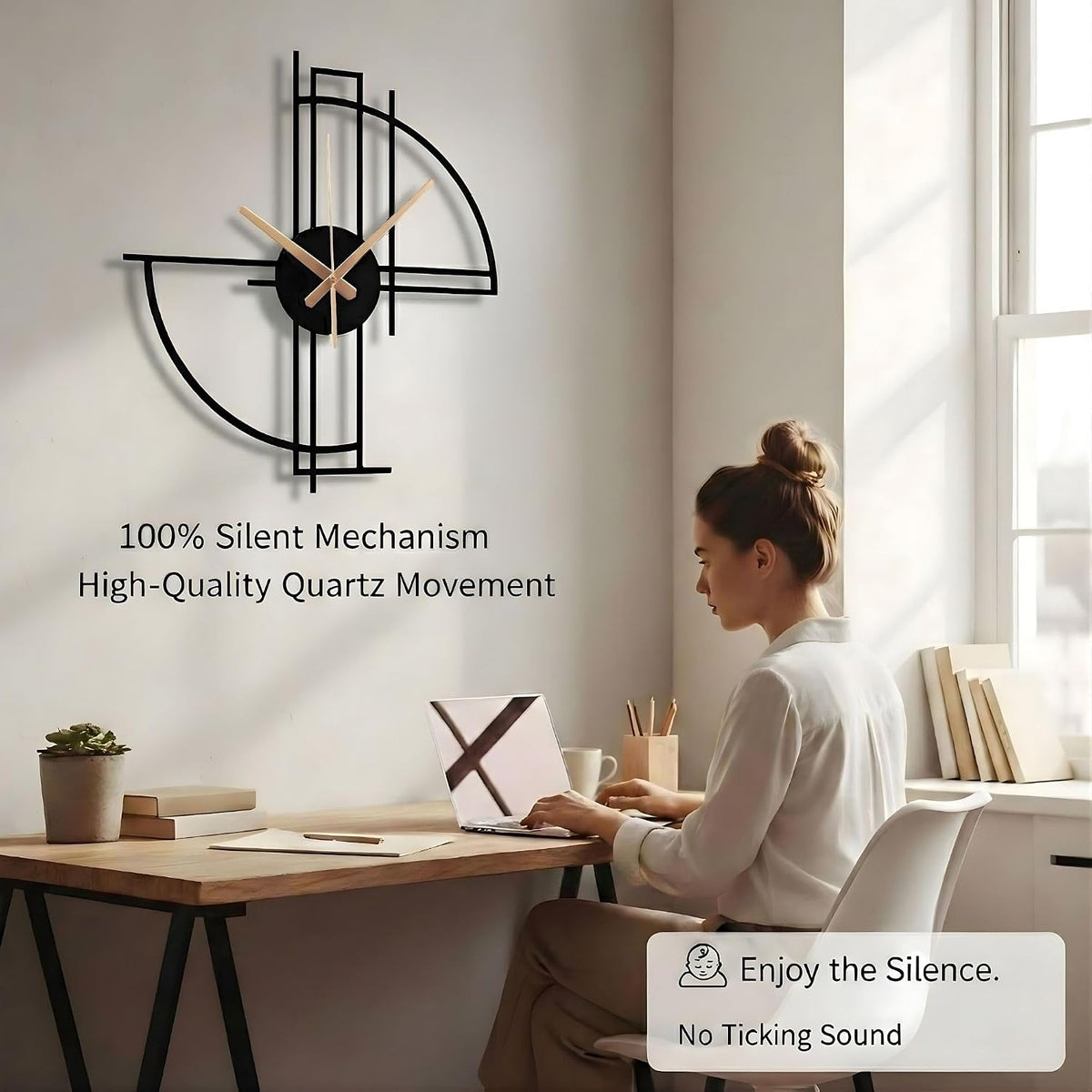 Modern Geometric Metal Wall Clock, Minimalist Black Steel Design, Silent Non-Ticking Mechanism, Unique Contemporary