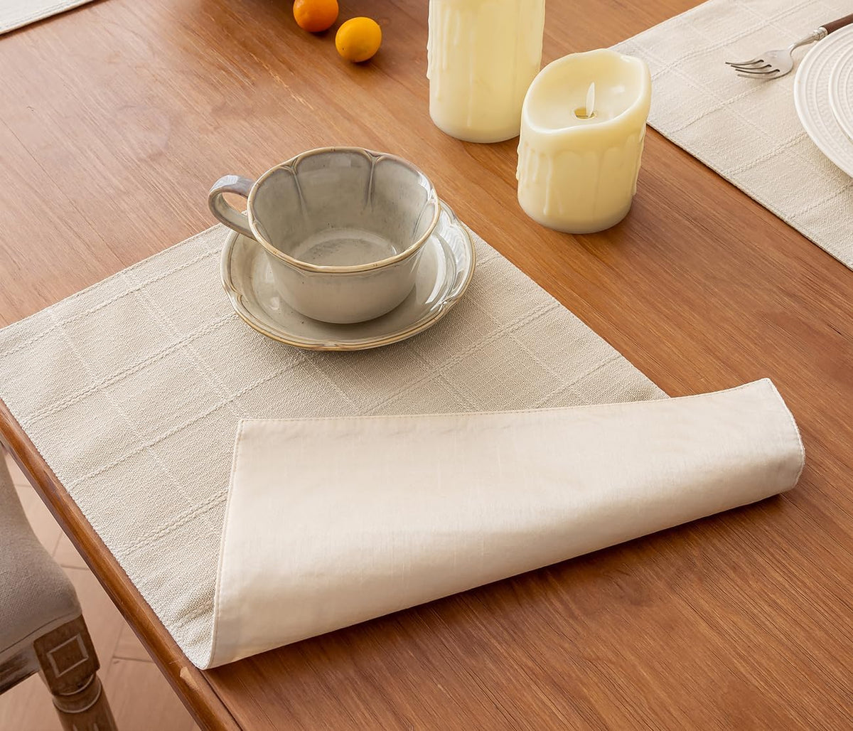Linen Checked Placemats Set of 6, Ivory Rustic Place Mats 12x18 Inch | Raised Grid Embroidery Design, Machine Washable