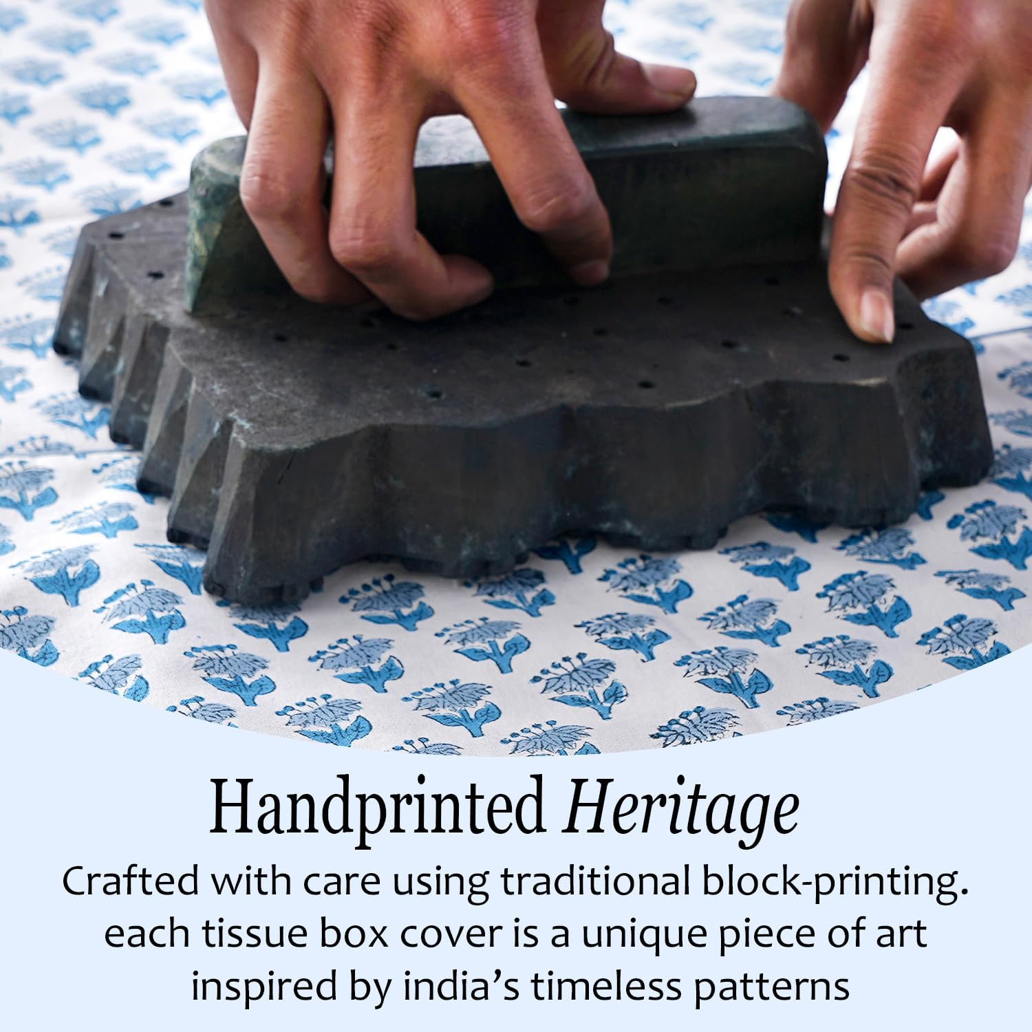 CPC Hand Block Printed Cotton Tissue Box Cover " Square Soft Reusable / Apatite Blue / 5 x 5 x 5.5