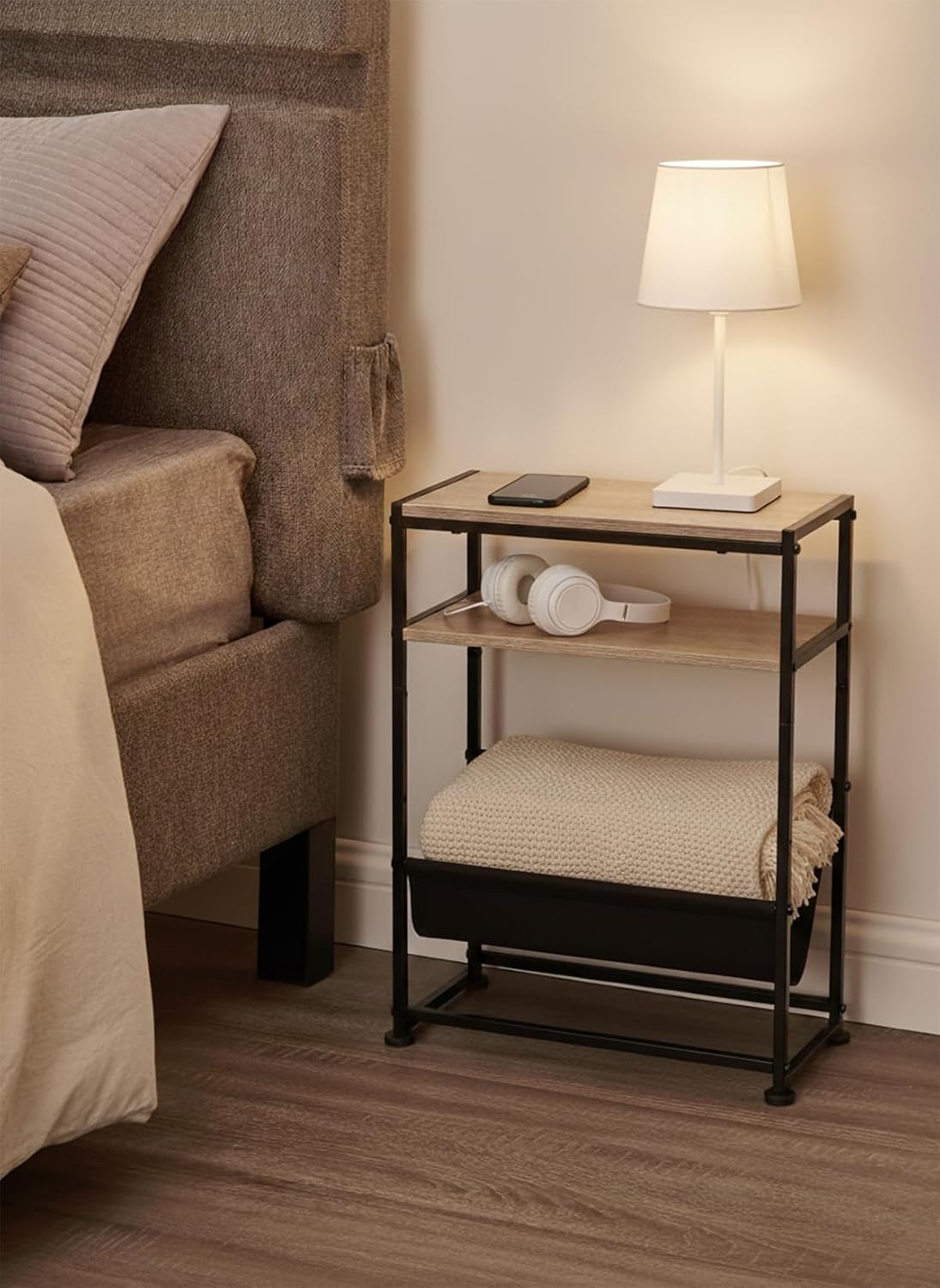 Narrow End Table for Small Spaces - Slim Side Table with Magazine Holder,2 in 1 Design Narrow Coffee Table Living