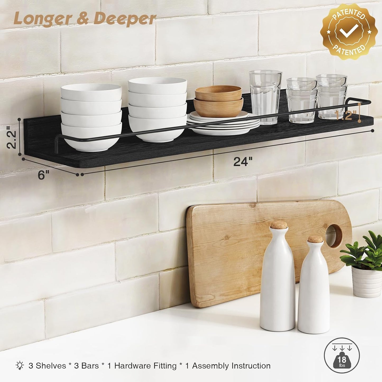 Forbena 24 Inch Wall Shelves for Bedroom 3-Pack, Black Floating Shelves with Rail, Vintage Large Floating Book Shelves