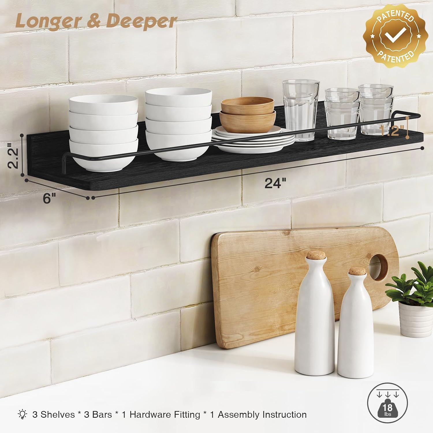 Forbena 24 Inch Wall Shelves for Bedroom 3-Pack, Black Floating Shelves with Rail, Vintage Large Floating Book Shelves