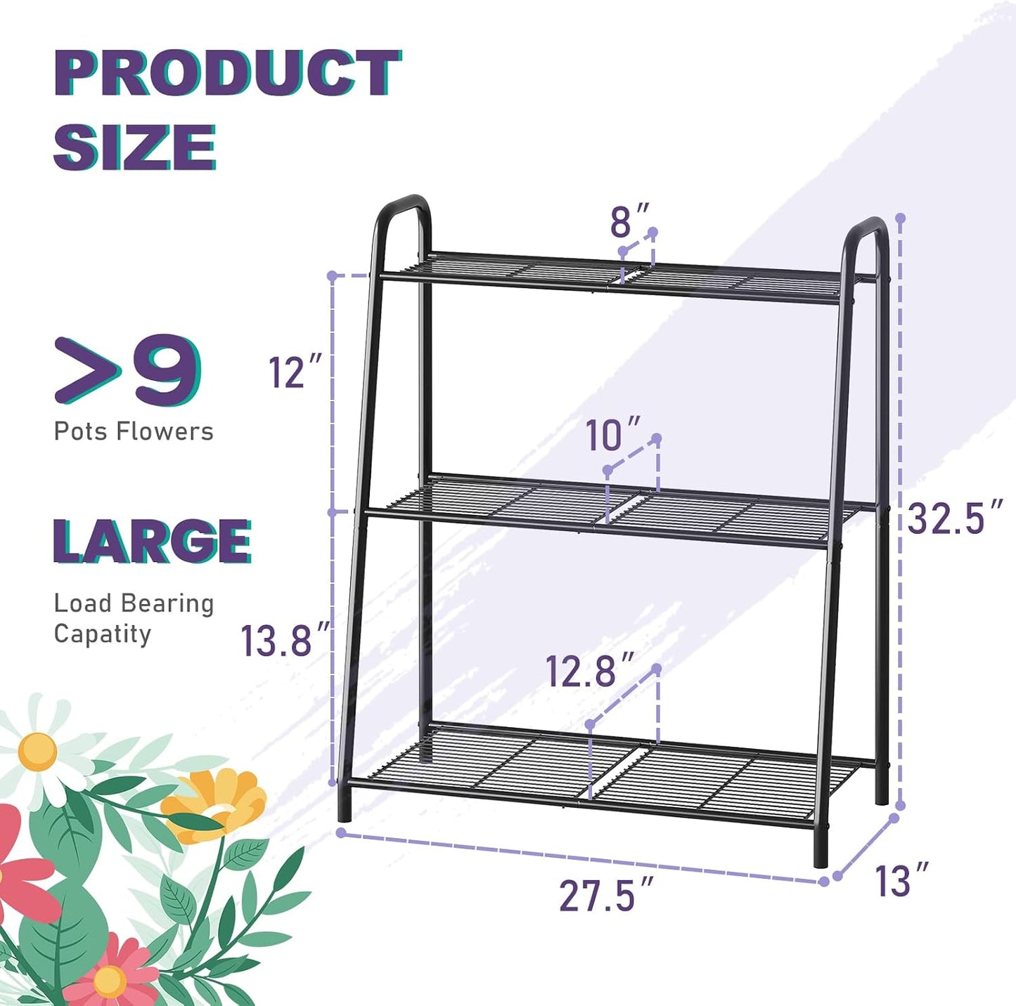 3-Tier Corner Plant Stand, Metal Black Flower Pot Rack, Indoor Outdoor Heavy Duty Shelf (Black, 3 Tier)