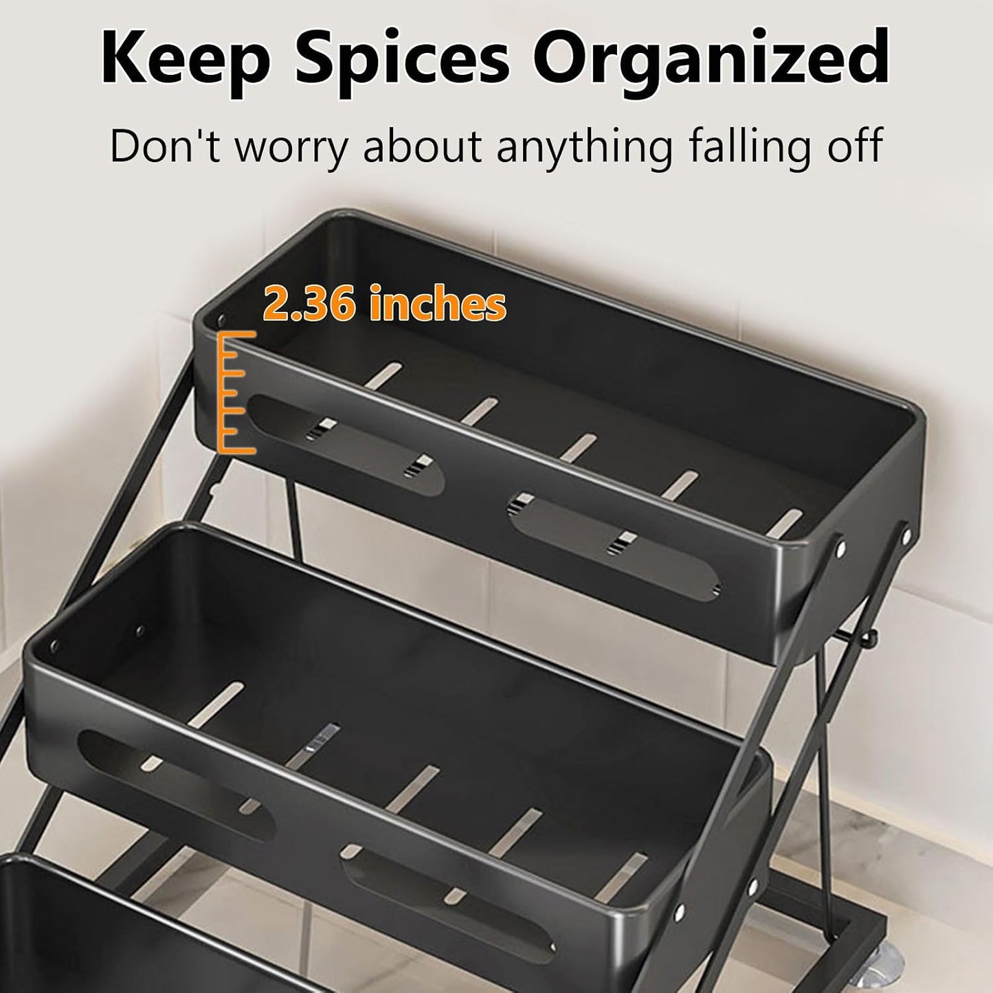 Ceetug 3 Tier Foldable Spice Rack, Black | Iron, For Countertop, Kitchen Seasoning Organizer, For Cabinet
