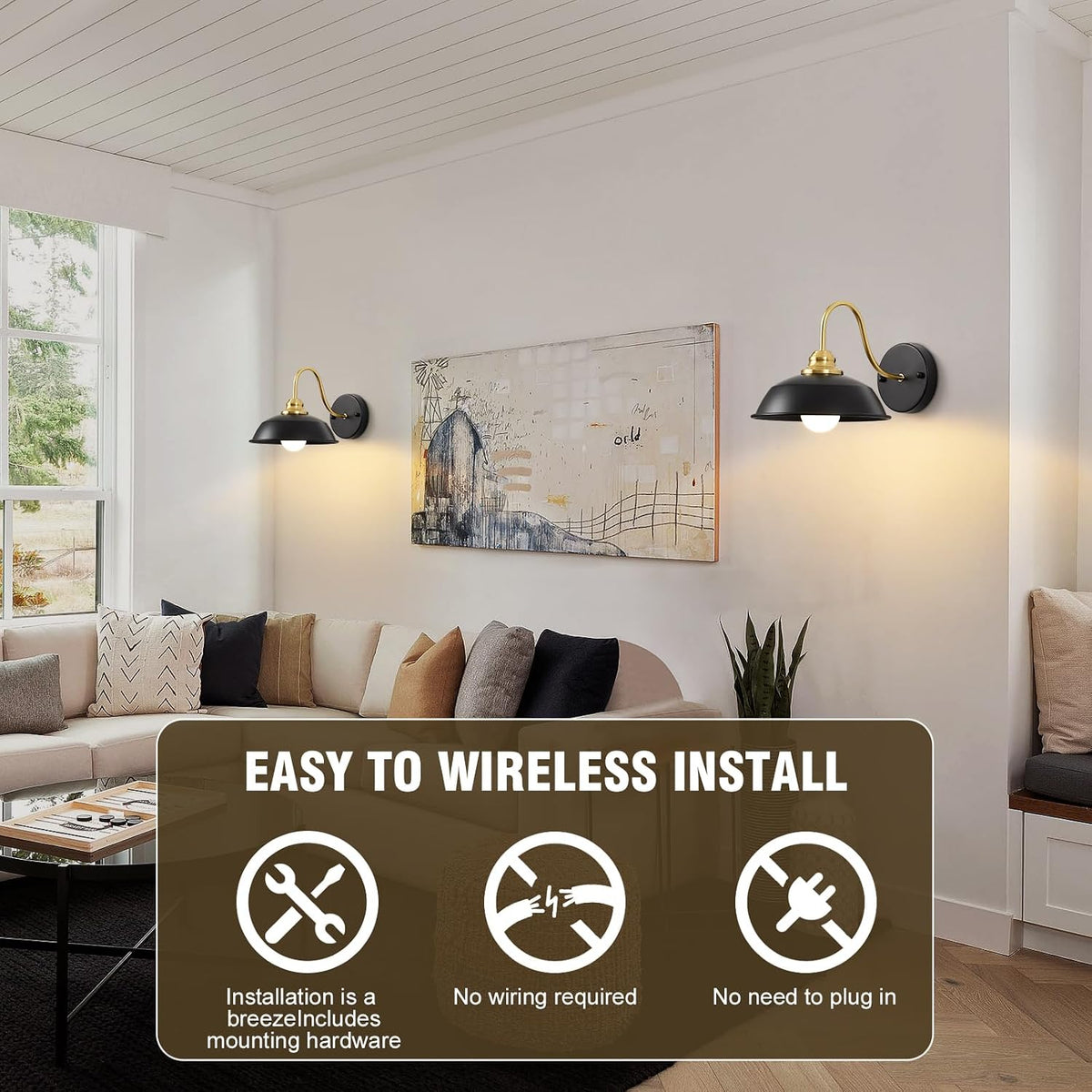 Battery Operated Wall Sconces Set of Two, Gold Wireless Wall Lights with Remote and Dimmable Bulbs for Bedroom/Living