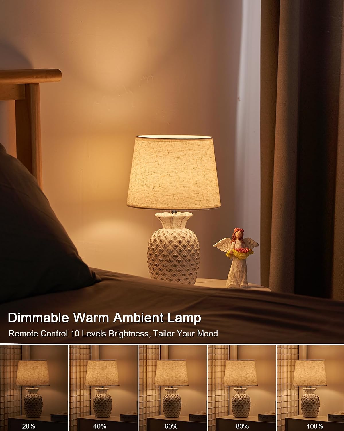 UMEXUS 13" Small Rechargeable Cordless Table Lamp, Pineapple Ceramic Base | Battery Powered, Remote Control Timer