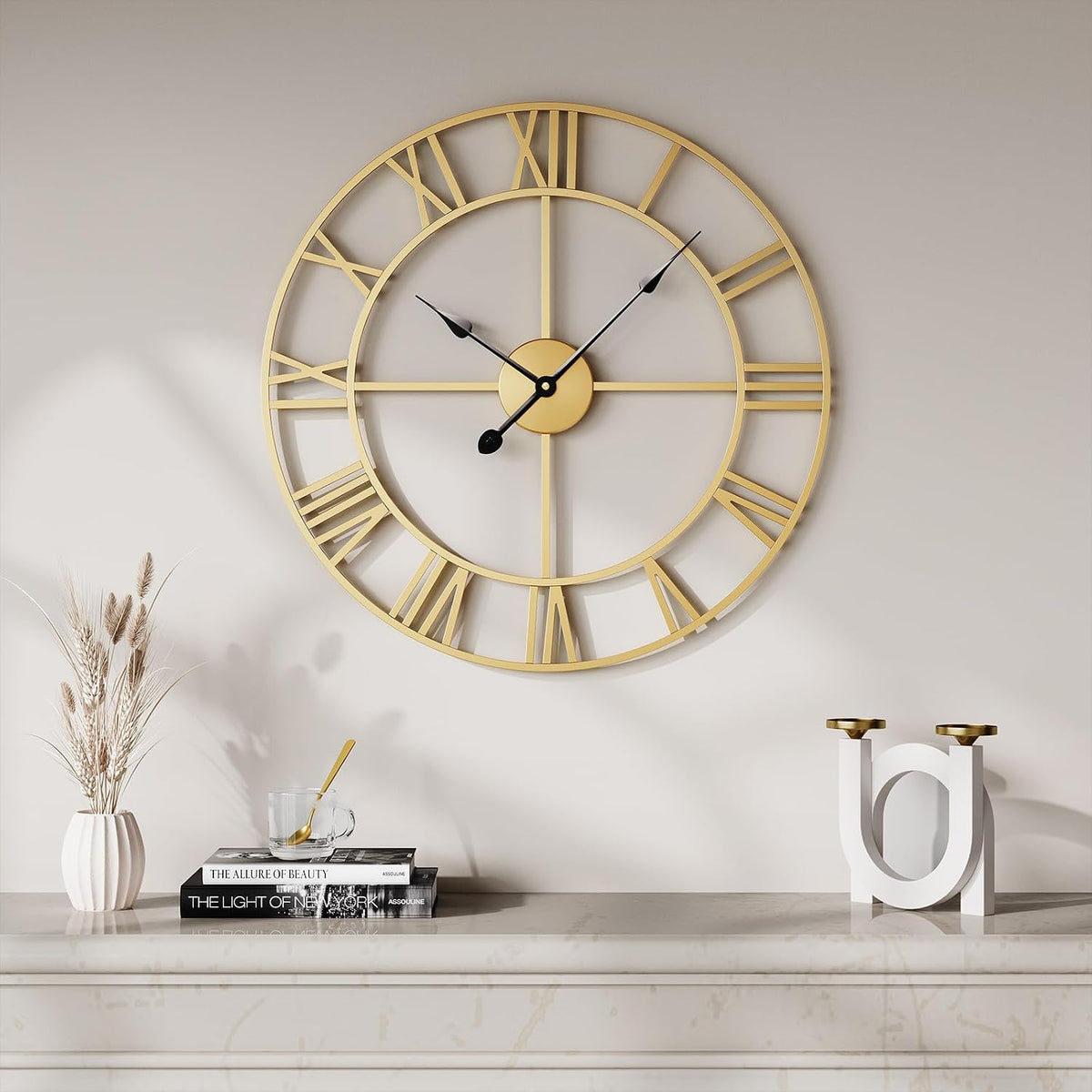 Cuspin 20 Inch Wall Clock Gold Modern Metal Round Decorative Clock | Battery operated, Silent non ticking, Roman