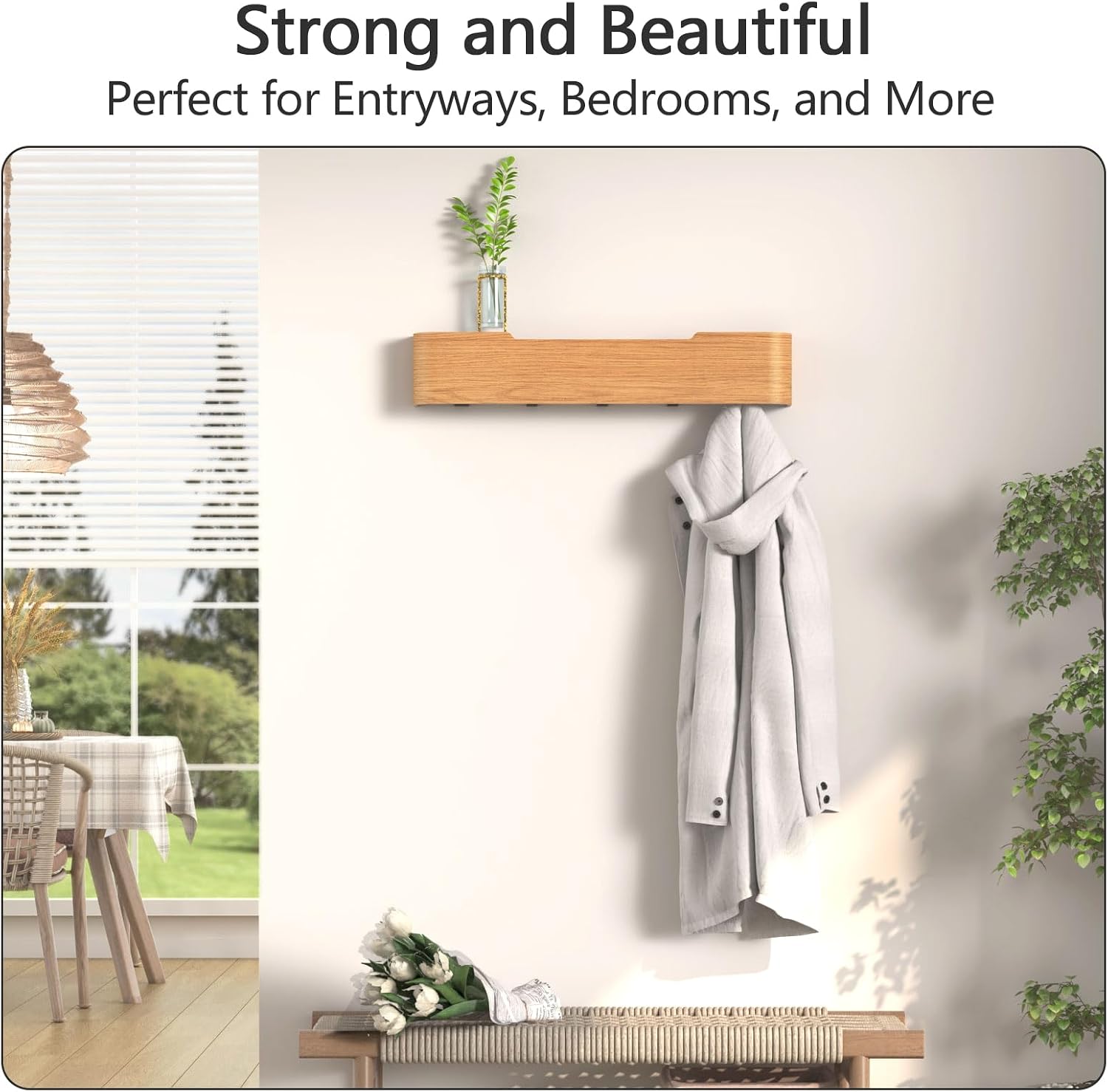 Coat Rack Wall Mount with Hidden Hooks Modern Key Holder Wood Entryway Hook with Shelf for Bedroom Kitchen Hallway