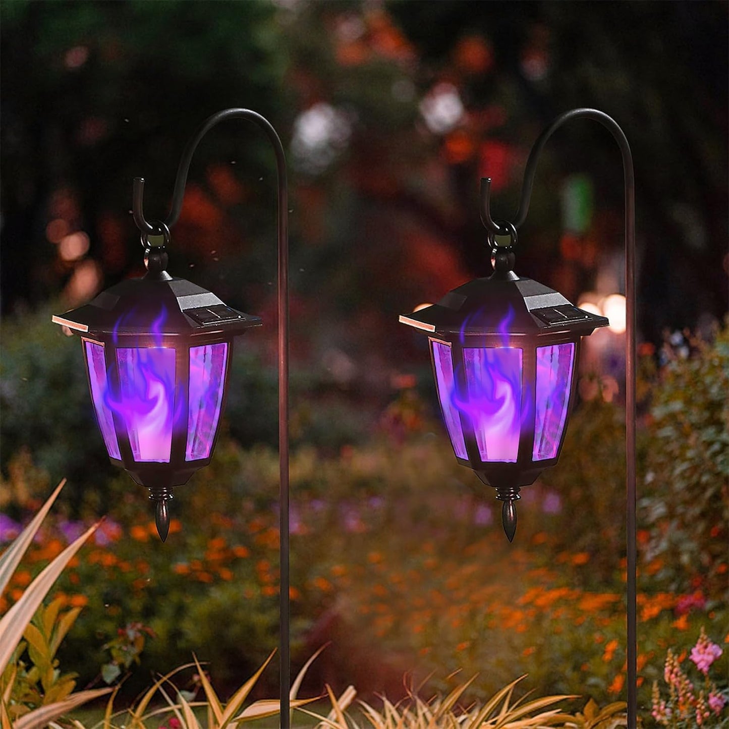 Dynaming 2 Pack Solar Halloween Flame Hanging Lights Outdoor, Flickering Flame LED Garden Lanterns with 2x38 Inch