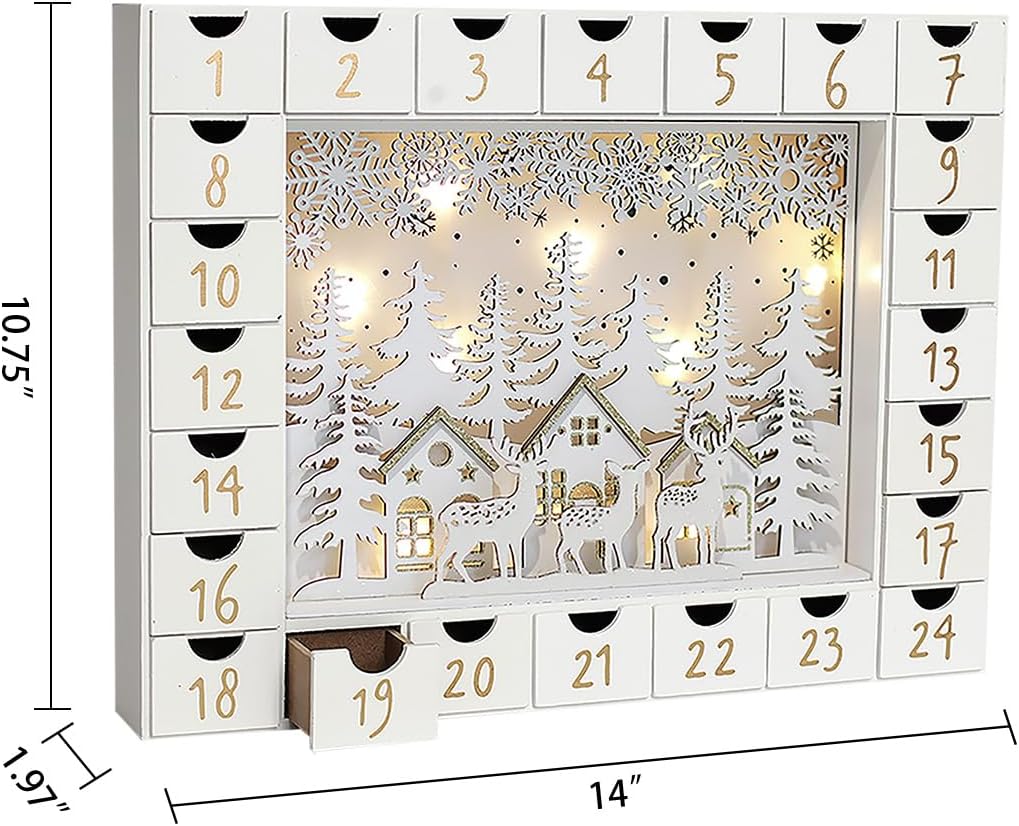 Christmas Wooden Advent Calendar with 24 Drawers to Fill Small Gifts Christmas Scene with LED Lights Countdown to Xmas