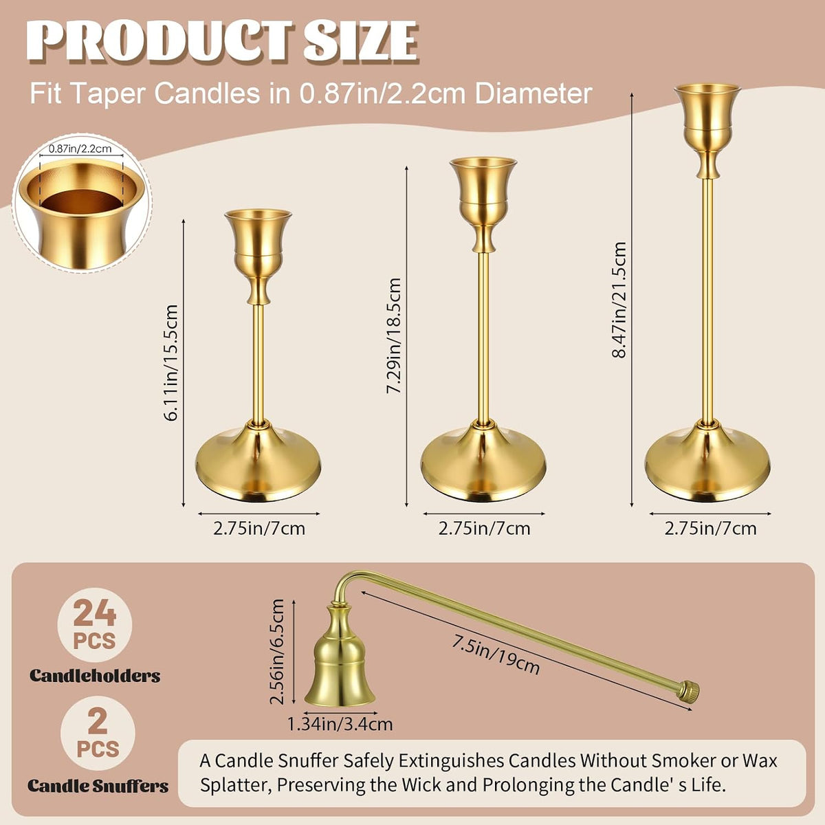 24PCS Brass Gold Taper Candle Holders Set, Metal Candlestick Holders | Plus Candle Snuffer, Tall Table Centerpiece