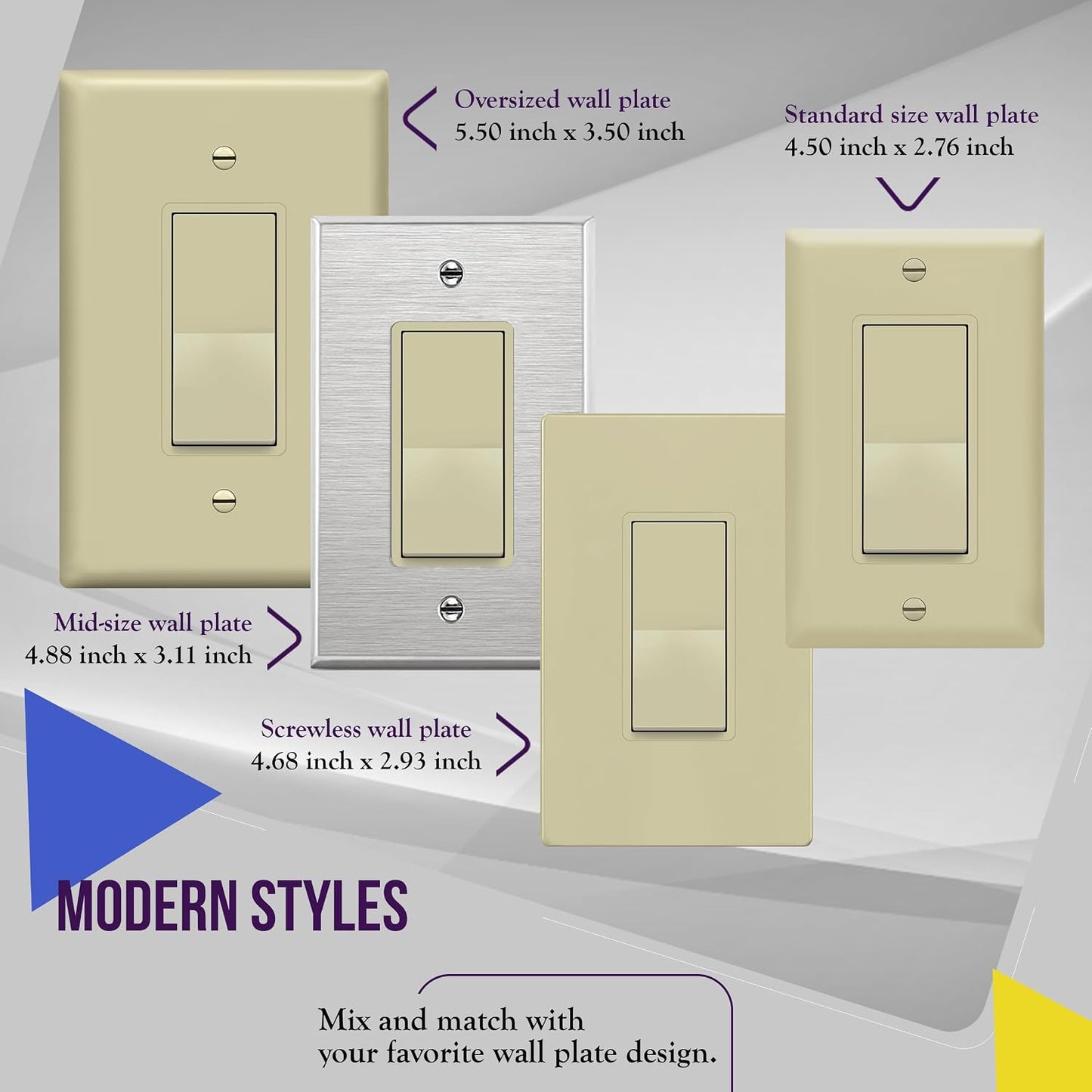 ENERLITES Decorator On/Off Paddle Switch with Wall Plates, Single Pole, 3 Wire, Grounding Screw, Residential Grade, 15A