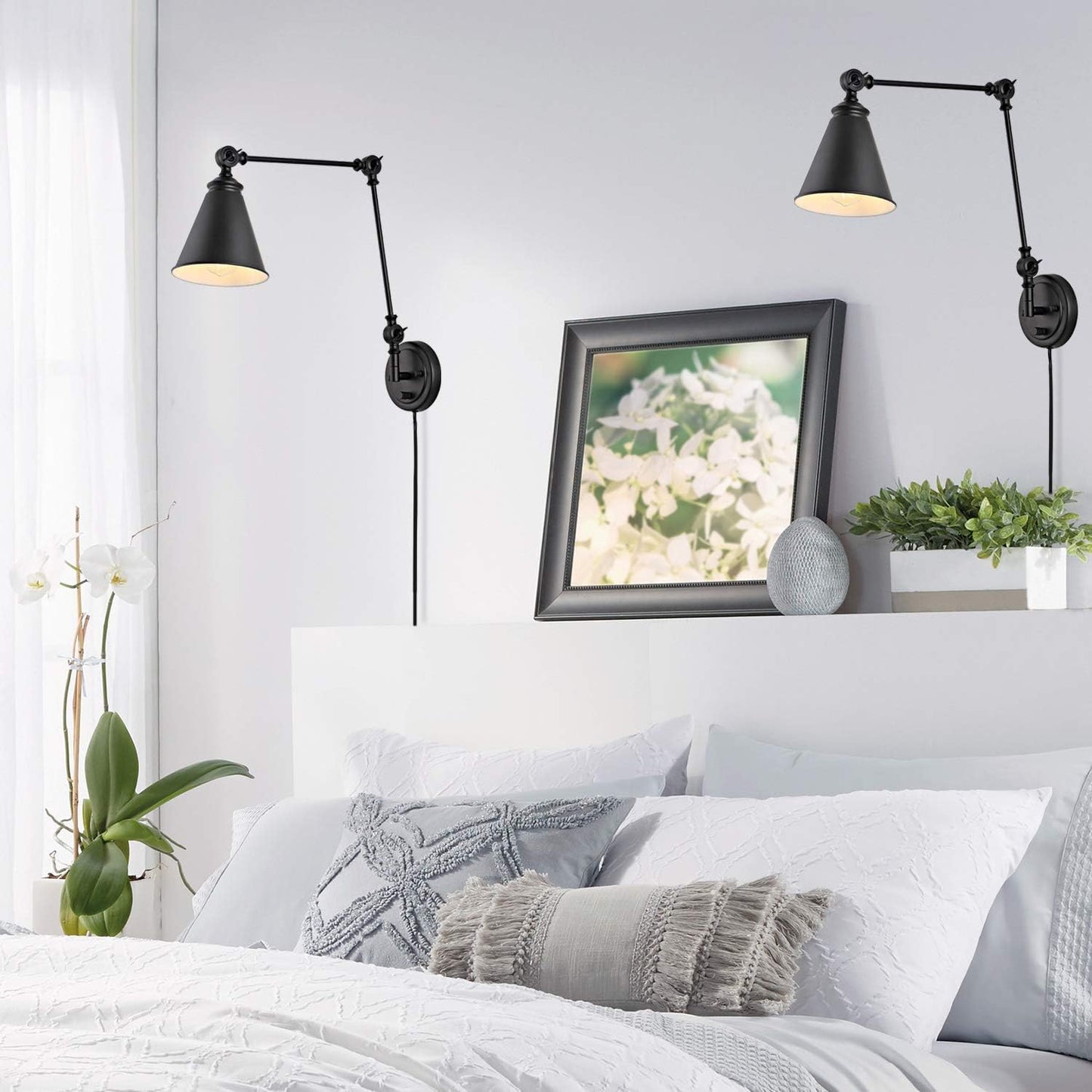 WINGBO Farmhouse Swing Arm Wall Sconce Set of 2, Industrial Adjustable Wall Lamp Light Fixture for Living Room Bedroom