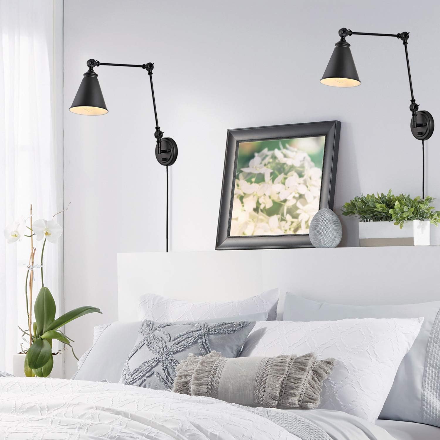 WINGBO Farmhouse Swing Arm Wall Sconce Set of 2, Industrial Adjustable Wall Lamp Light Fixture for Living Room Bedroom