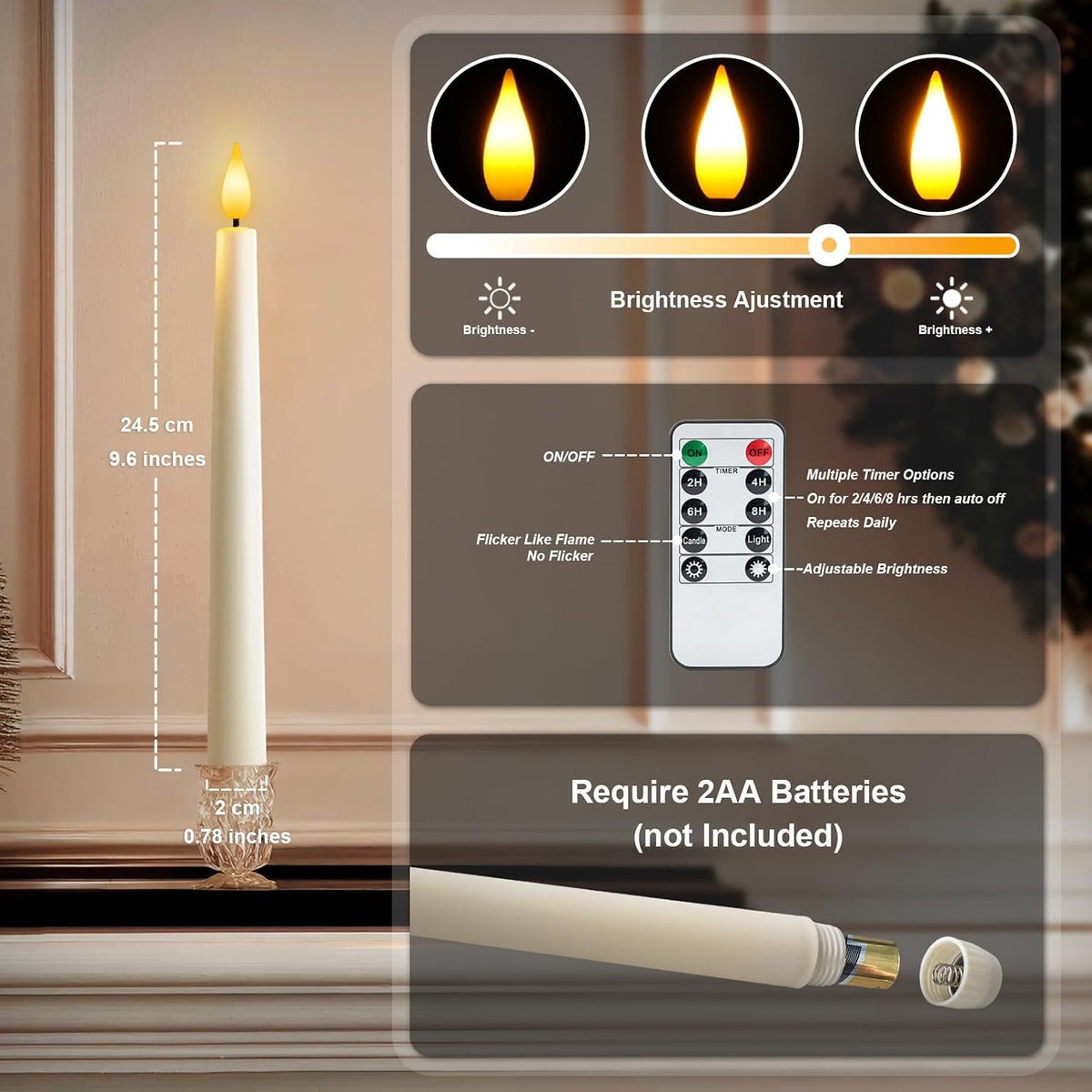 12 Pcs Flameless Taper Candles with Remote, Timer, Plastic Battery Operated Window Candles, 9.6 Inches Ivory LED