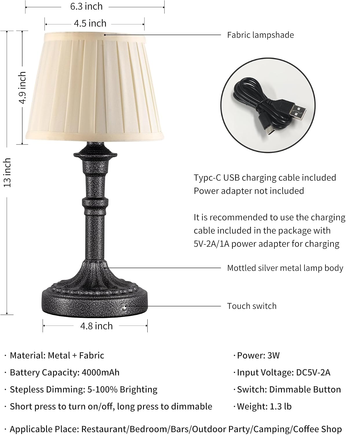 KDG Mottled Silver Cordless Table Lamps Set of 2, Beige Fabric Shade Light | 2700K Stepless Dimmable 4000mAh Battery