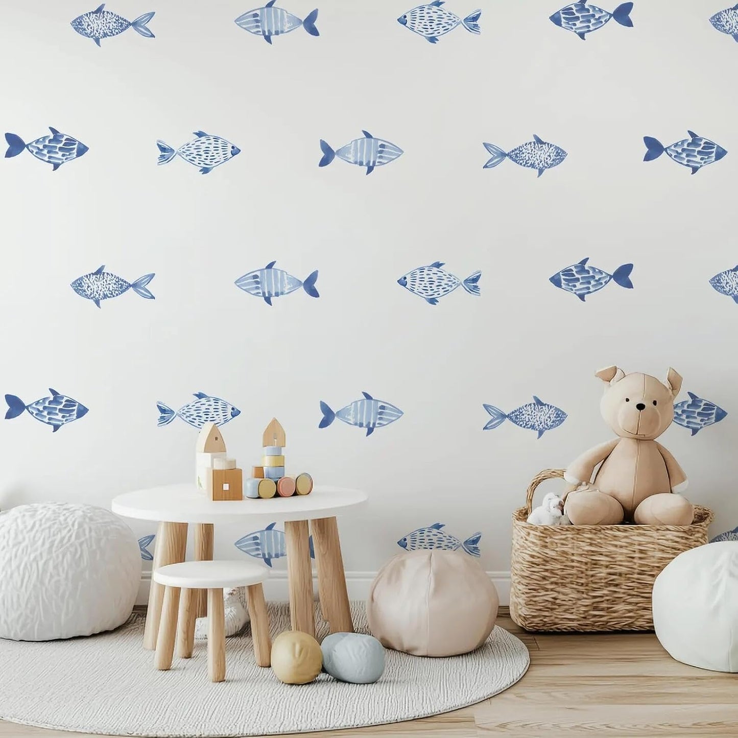 Hand Drawn Watercolor Fish Underwater World Wall Decals Waterproof / Blue Fish / Set of 30