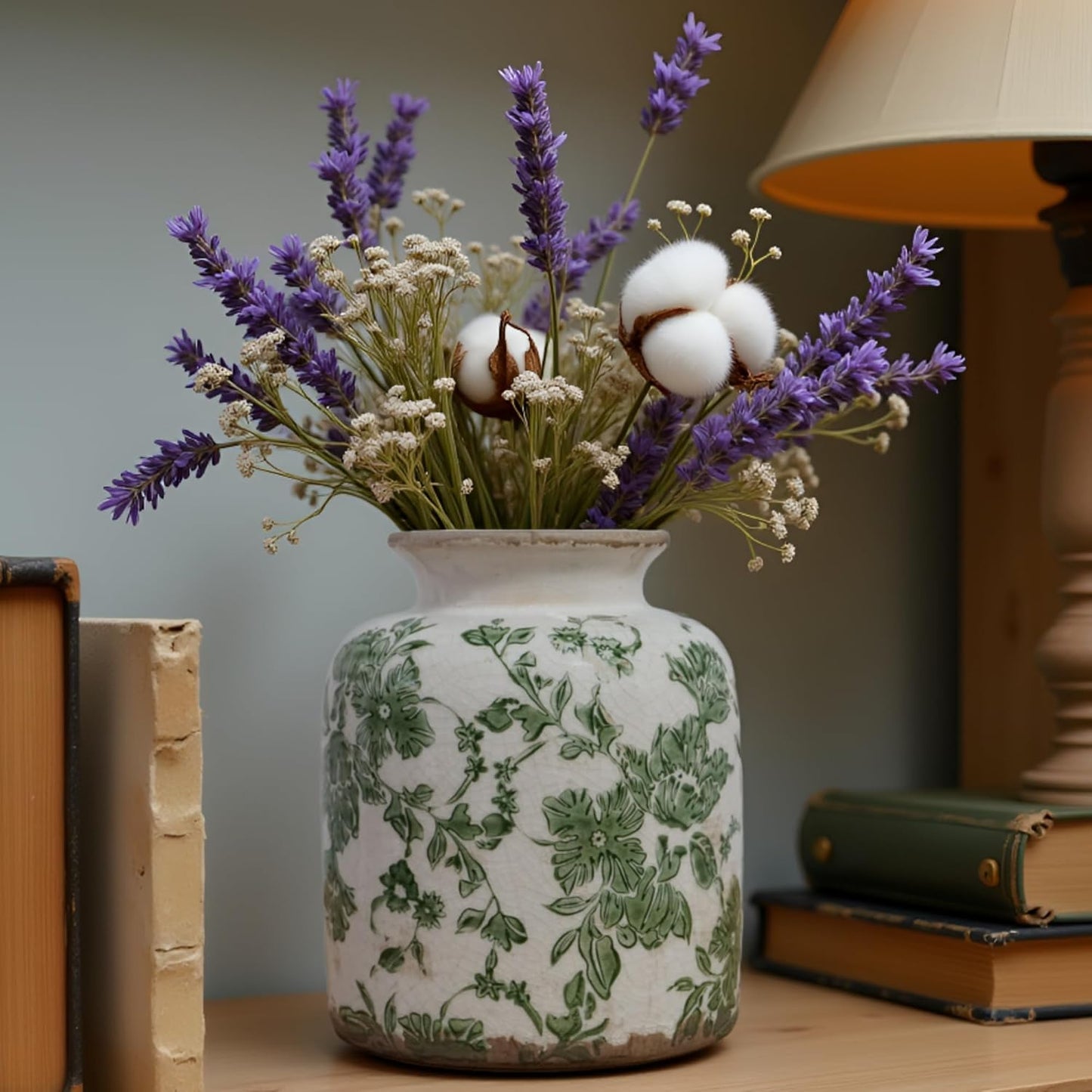 Vintage Crackle Glaze Ceramic Flower Vase / Small Vintage Round Floral Vase / Green