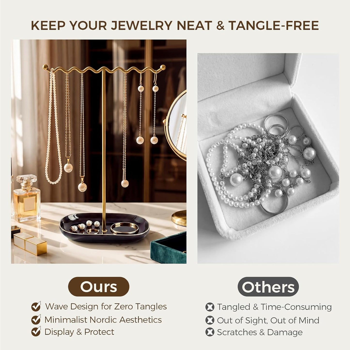 Ceramic Tray / Metal Necklace Holder Organizer for Rings Bracelets / Deluxe Black