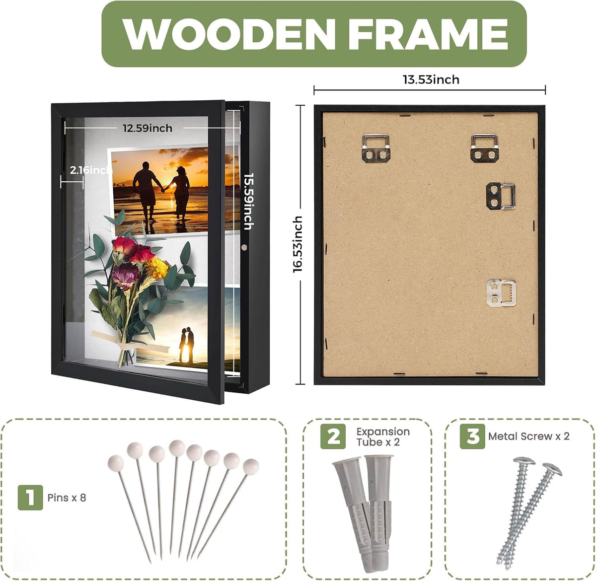 Muzilife 13x16 Shadow Box Wood Picture Frame, 2.16 Deep, Real Glass, Black | FSC-Wood, Magnetic Door, Linen Interior &