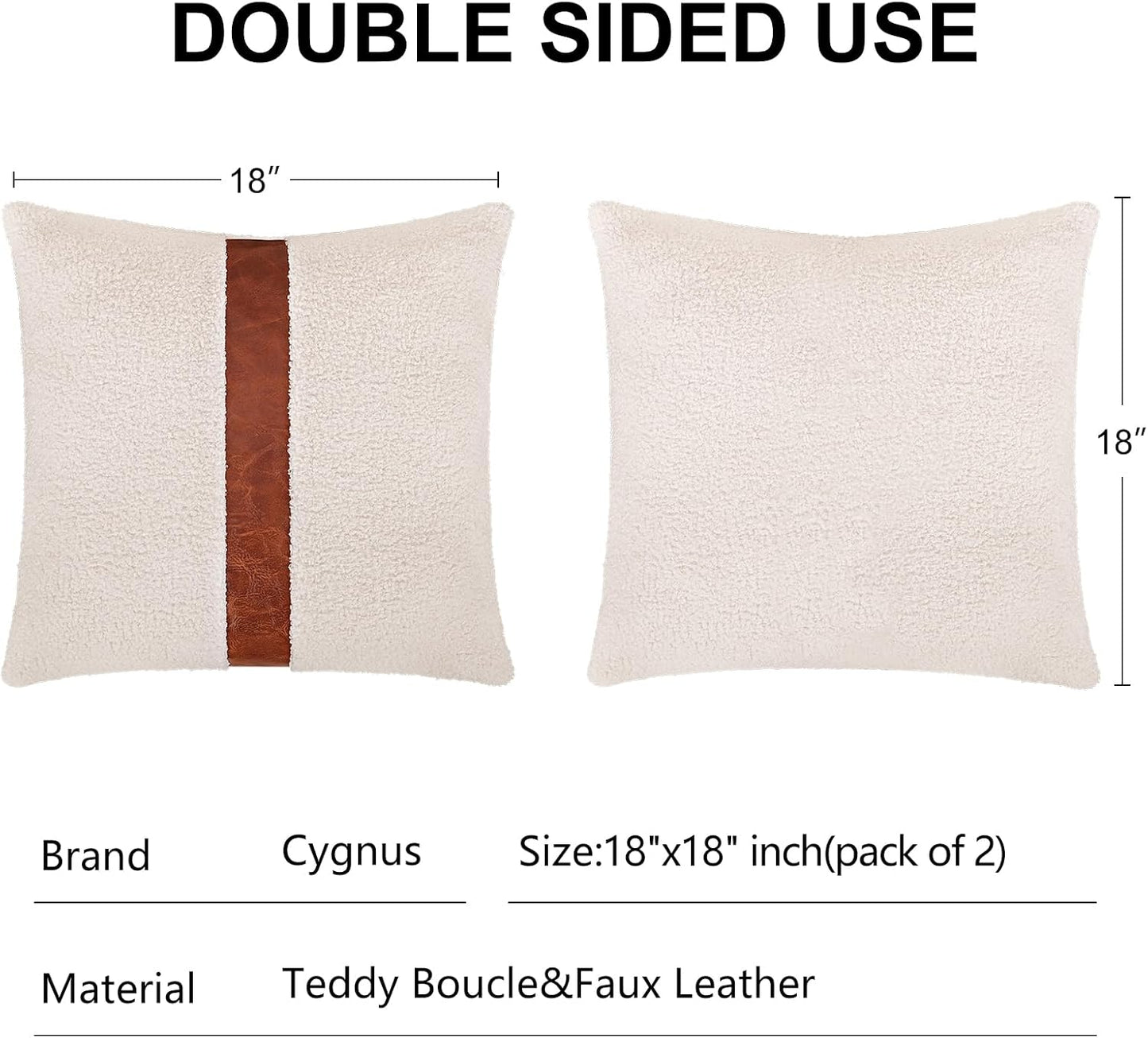 Teddy Boucle Decorative Throw Pillow Covers Faux Leather Striped / Cream / 18 x 18 / Set of 2