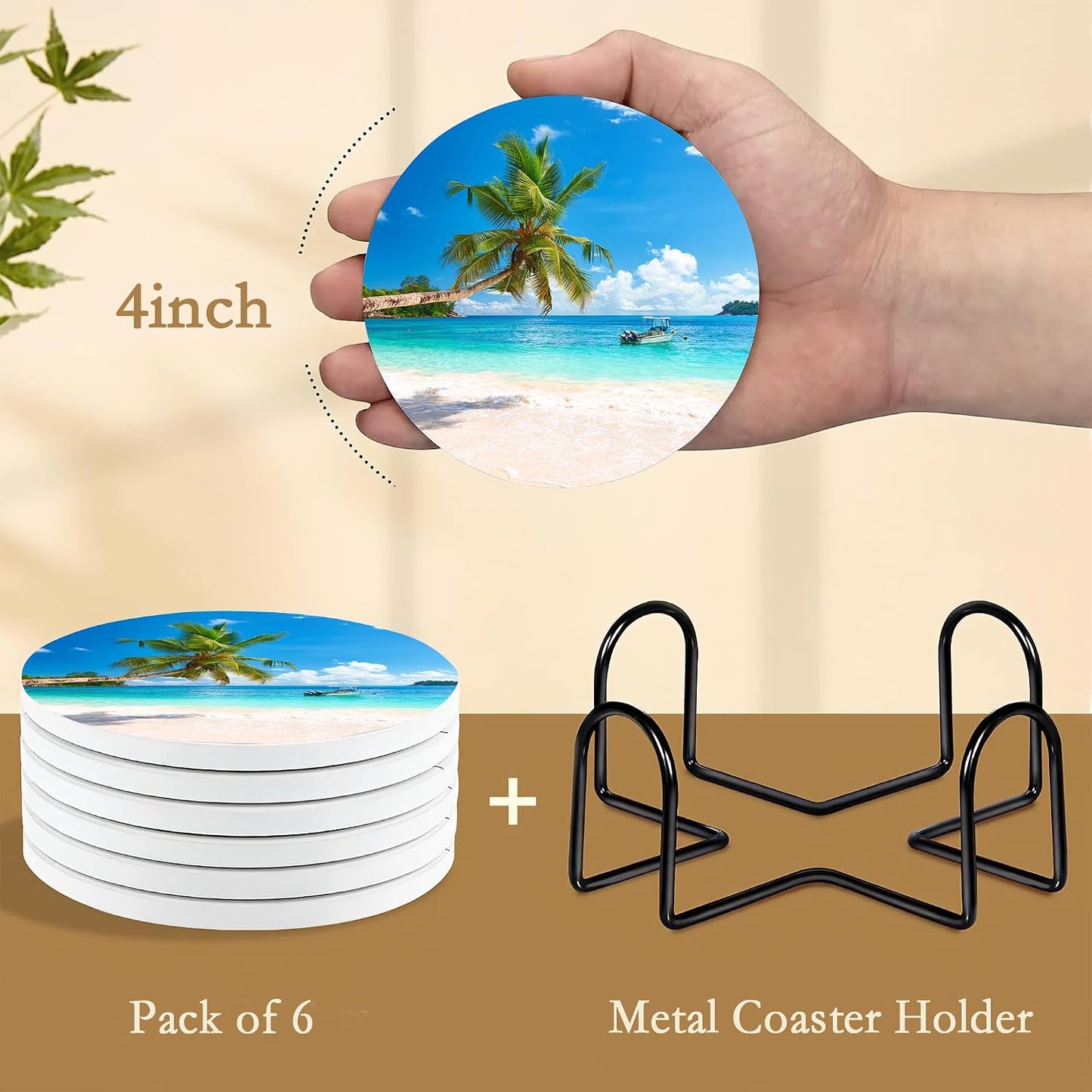 Holder / Water-Absorbent Beverage Pads for Dining Table Decor & Glass / Beach Seaside / Set of 6