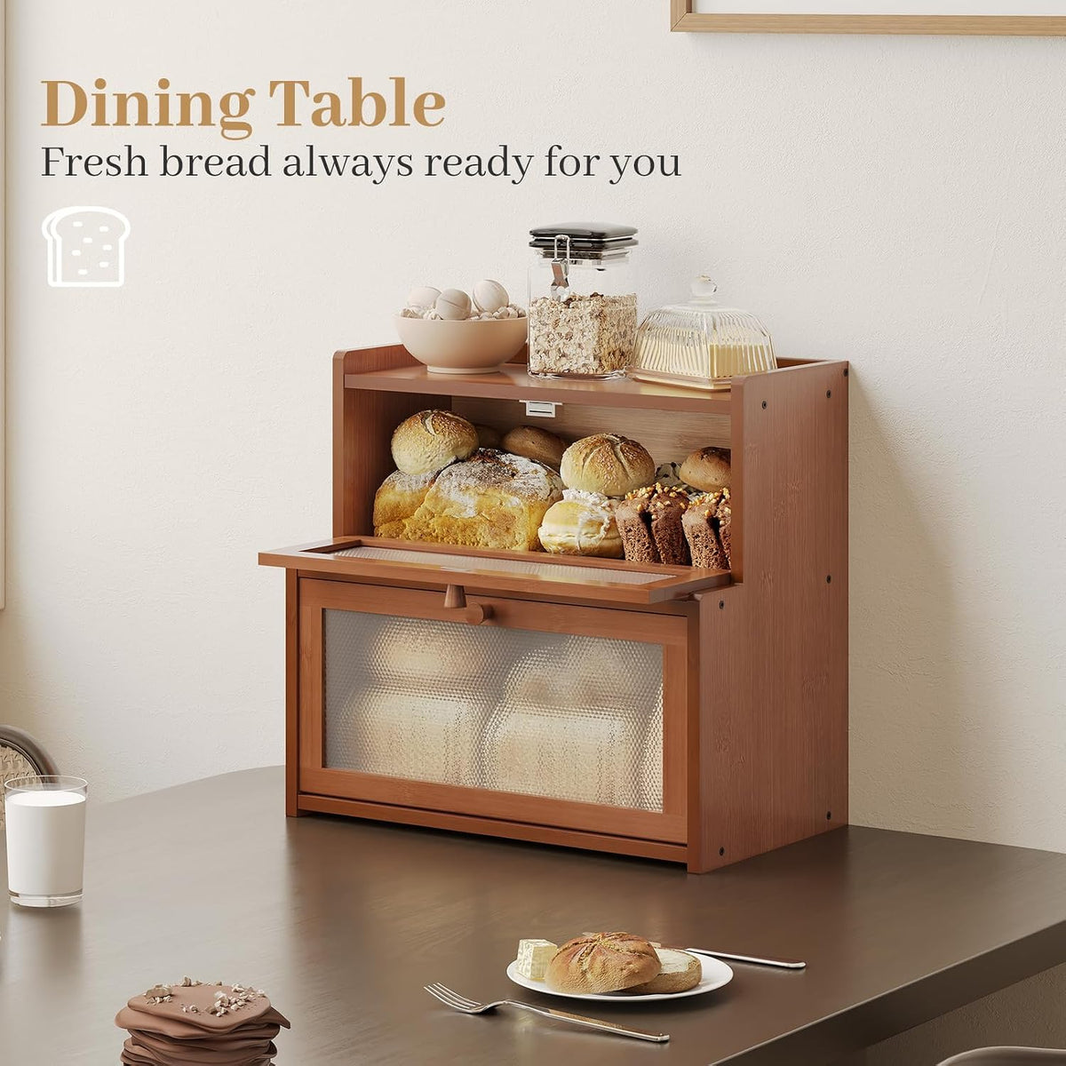 Bread Box for Kitchen Countertop, Large Bamboo Bread Storage Container with Double Layer, Bread Holder for Homemade