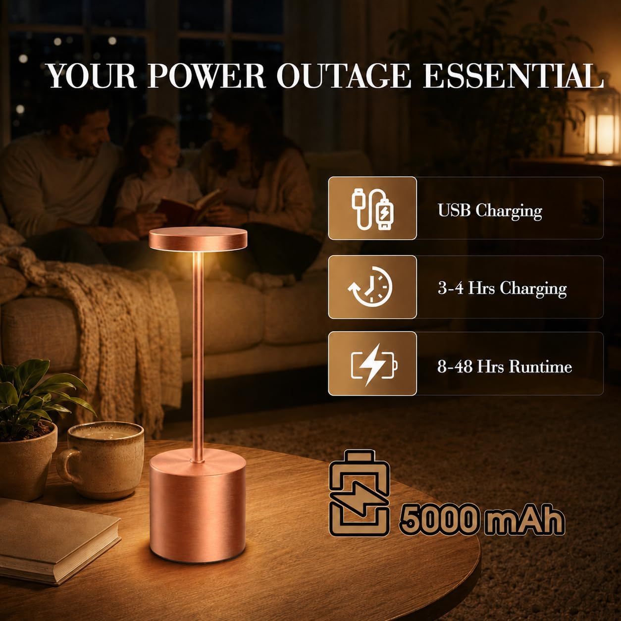 Rose Gold Cordless Table Lamps Set of 2, Battery Operated Rechargeable LED Lamps with Touch Control, 3 Color