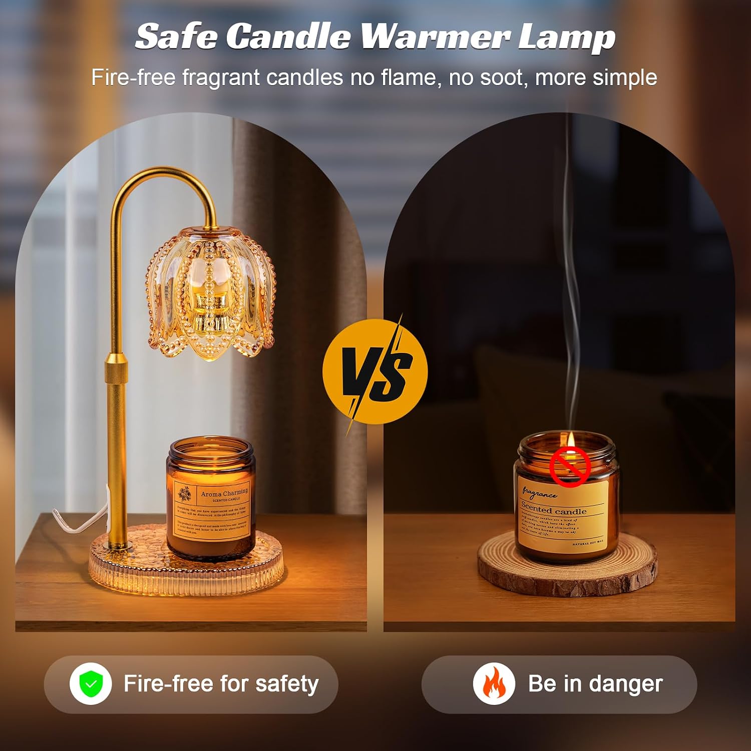 Petal Candle Warmer Lamp with Timer & Dimmable Light Champagne Gold | Adjustable Height Jar Melter on Crystal Glass