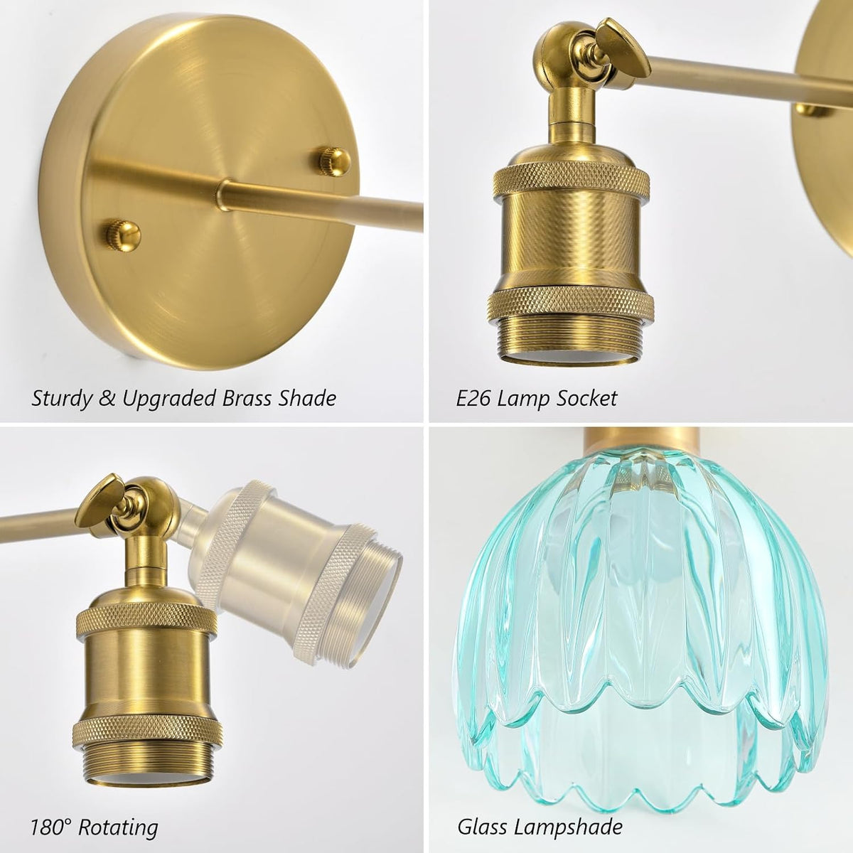 Vintage Battery Operated Wall Sconce, Sky Blue Tulip Glass Lampshade Wireless Rechargeable Battery Powered LED Wall