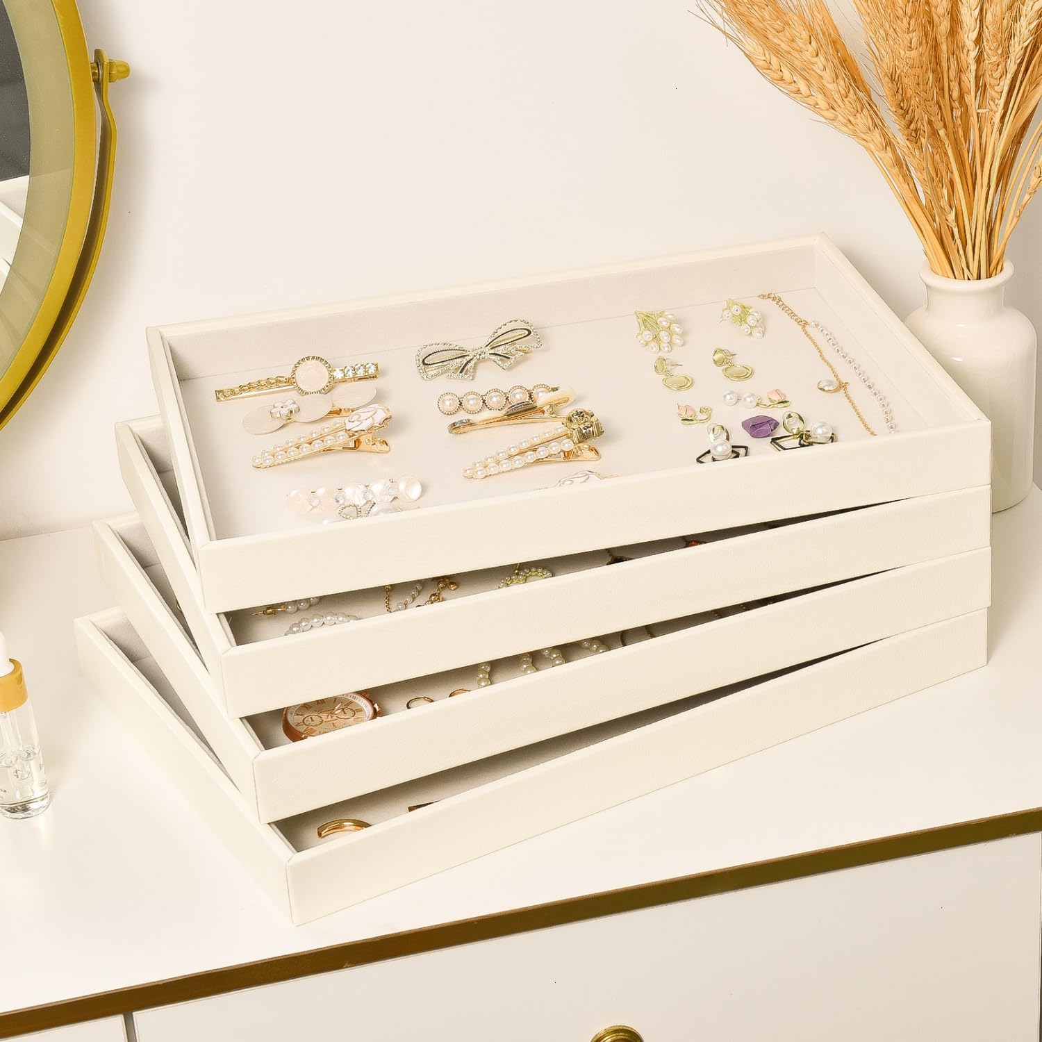 Velvet Jewelry Tray for Drawers Jewelrys Display Tray Stackable Jewelry Organizer Trays / Beige