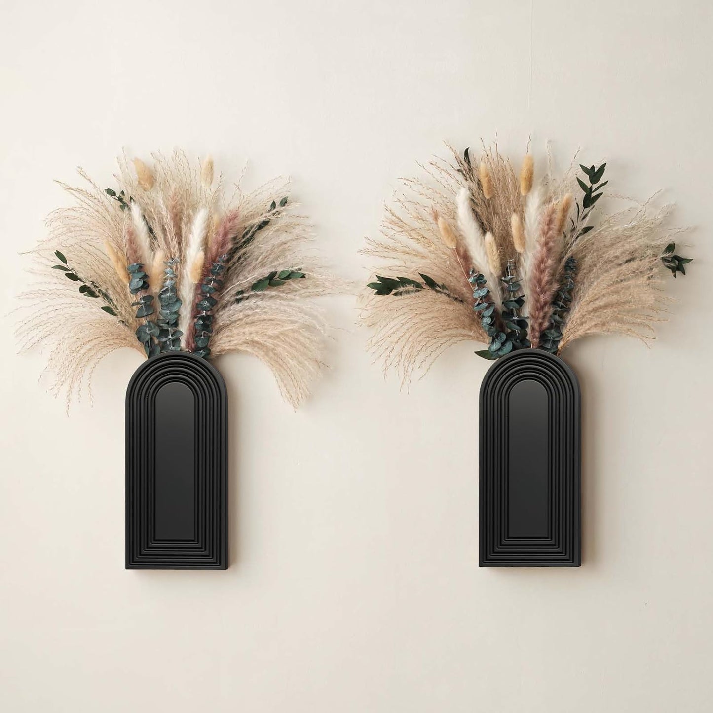 Wooden Wall Vase Set / Black with Dry Flowers / Set of 2