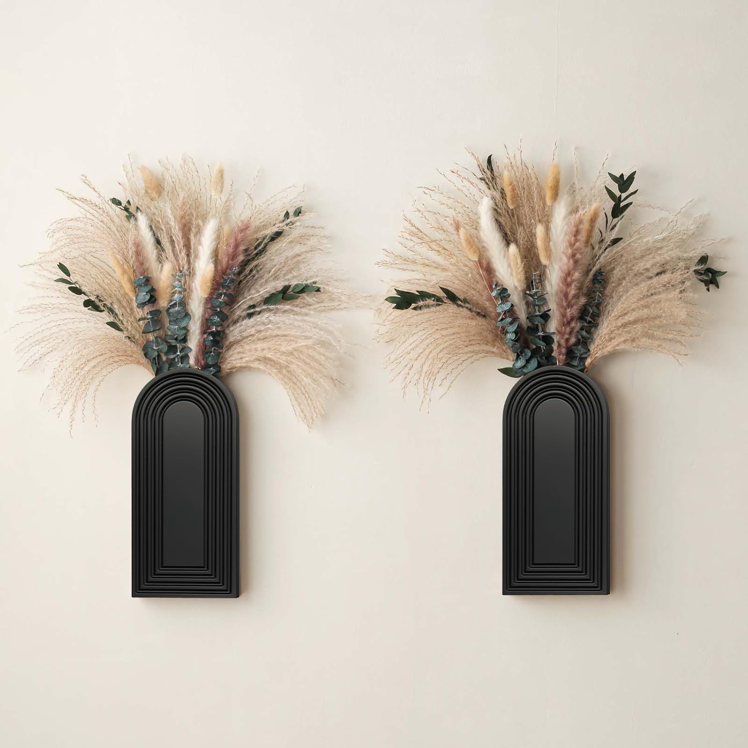 Wooden Wall Vase Set / Black with Dry Flowers / Set of 2