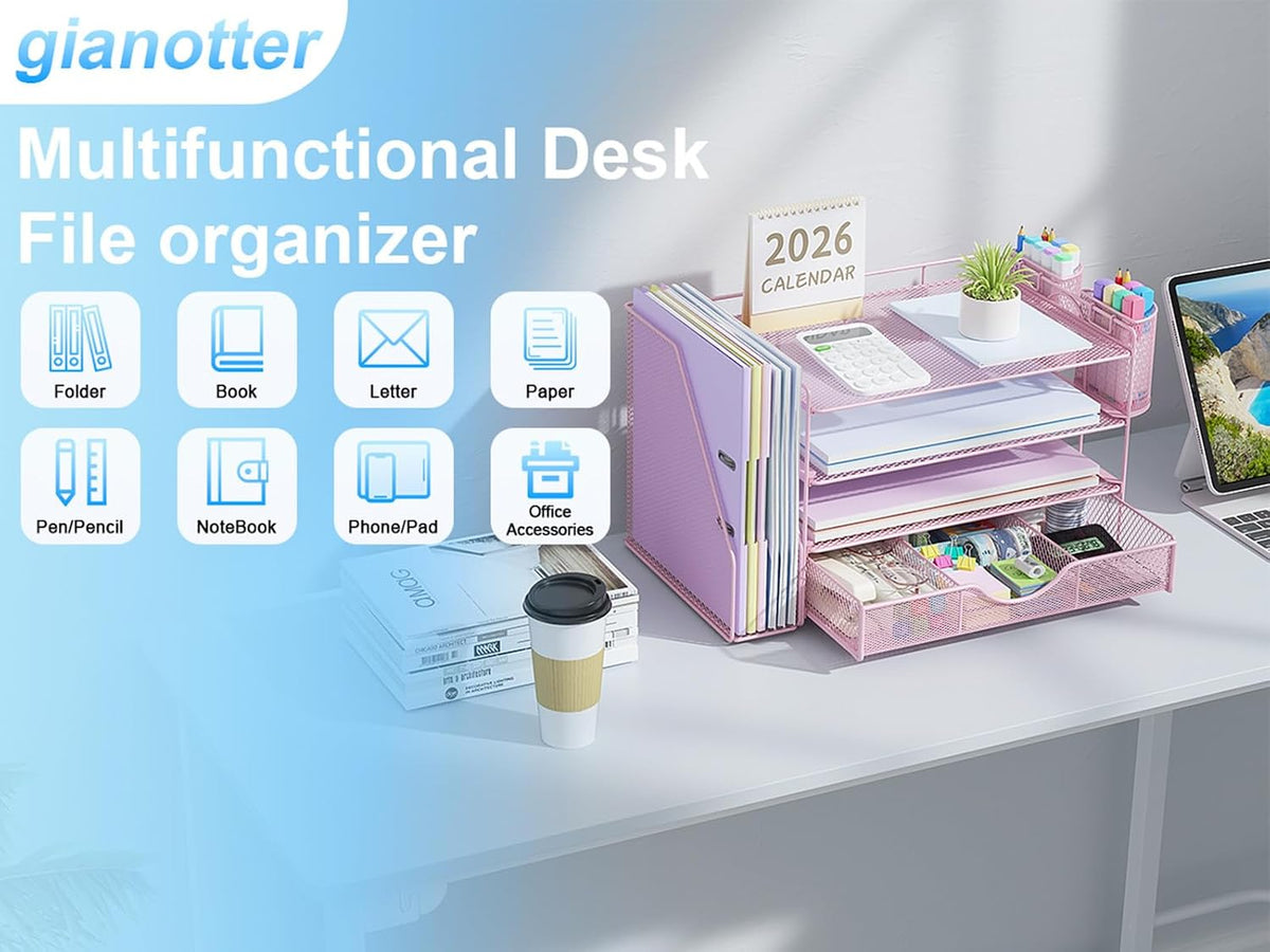 gianotter Desk Organizers and Accessories with File Holder, 4-Tier Desk Accessories & Workspace Organizers with Drawer