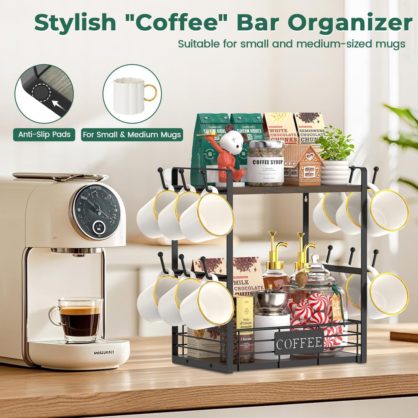 EsLuker.ly Coffee Mug Cup Holder Tree Bar Station Organizer, 2 Tier Brown | Mug Stand Rack for Countertop Kitchen