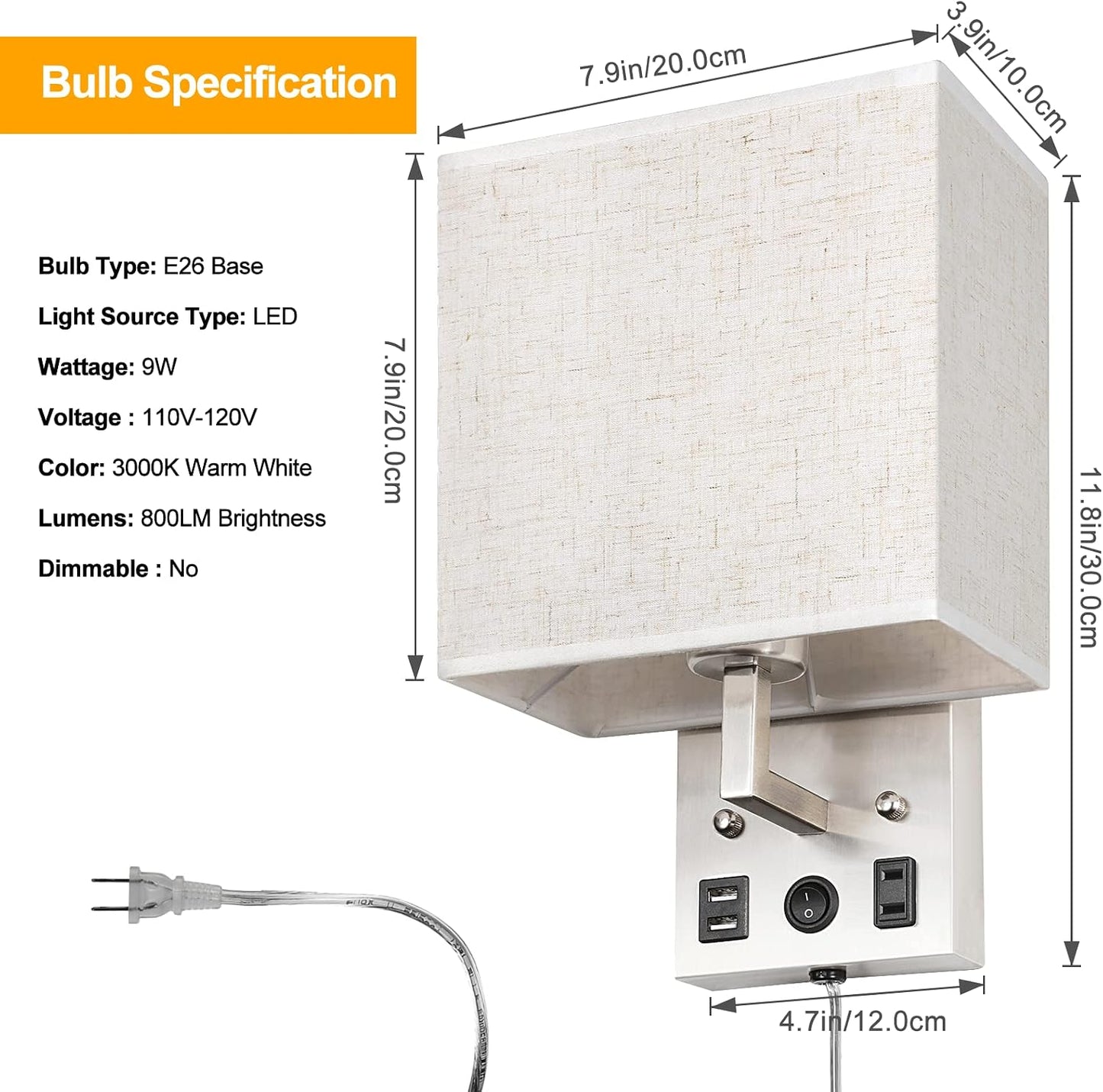 CADUKE Bedside Wall Lamp Set of 2, Plug in Wall Light with USB Charging Ports and AC Outlet Socket, Brushed Nickel