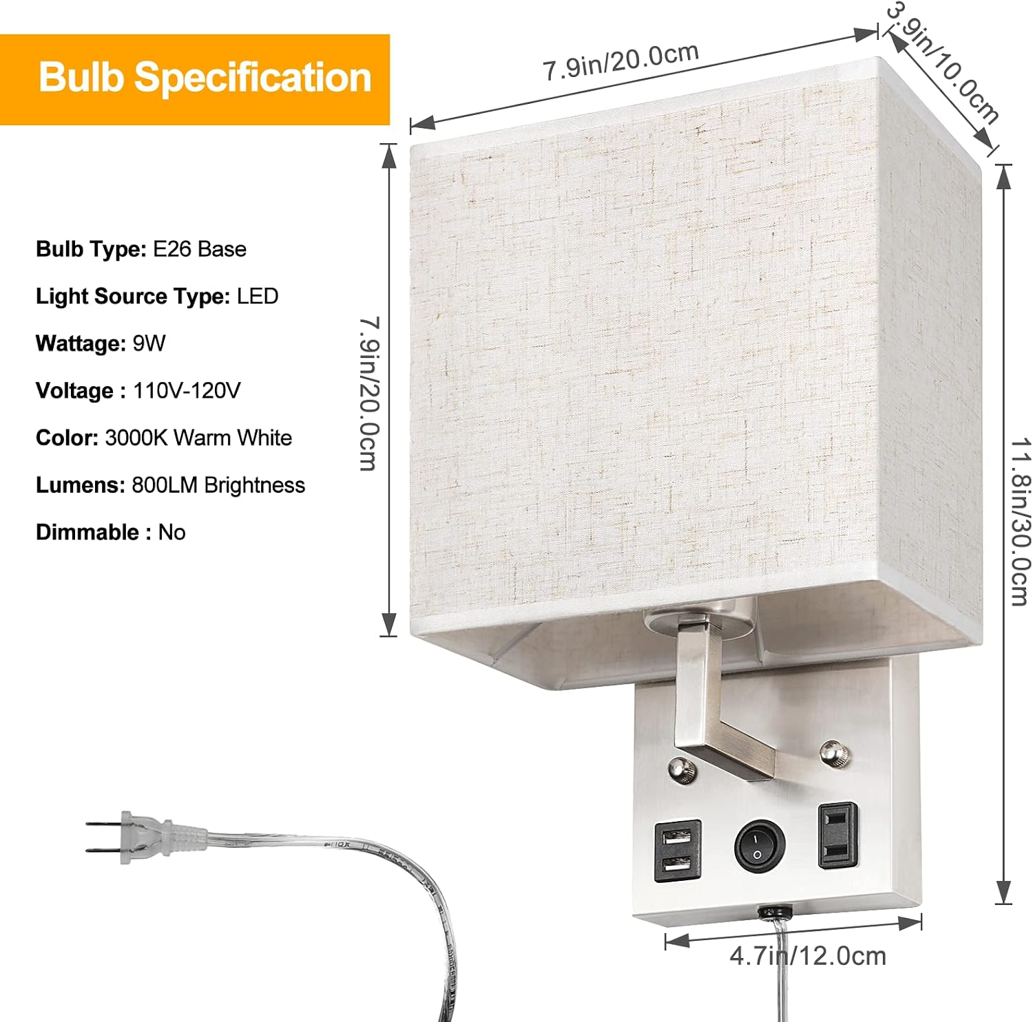 CADUKE Bedside Wall Lamp Set of 2, Plug in Wall Light with USB Charging Ports and AC Outlet Socket, Brushed Nickel