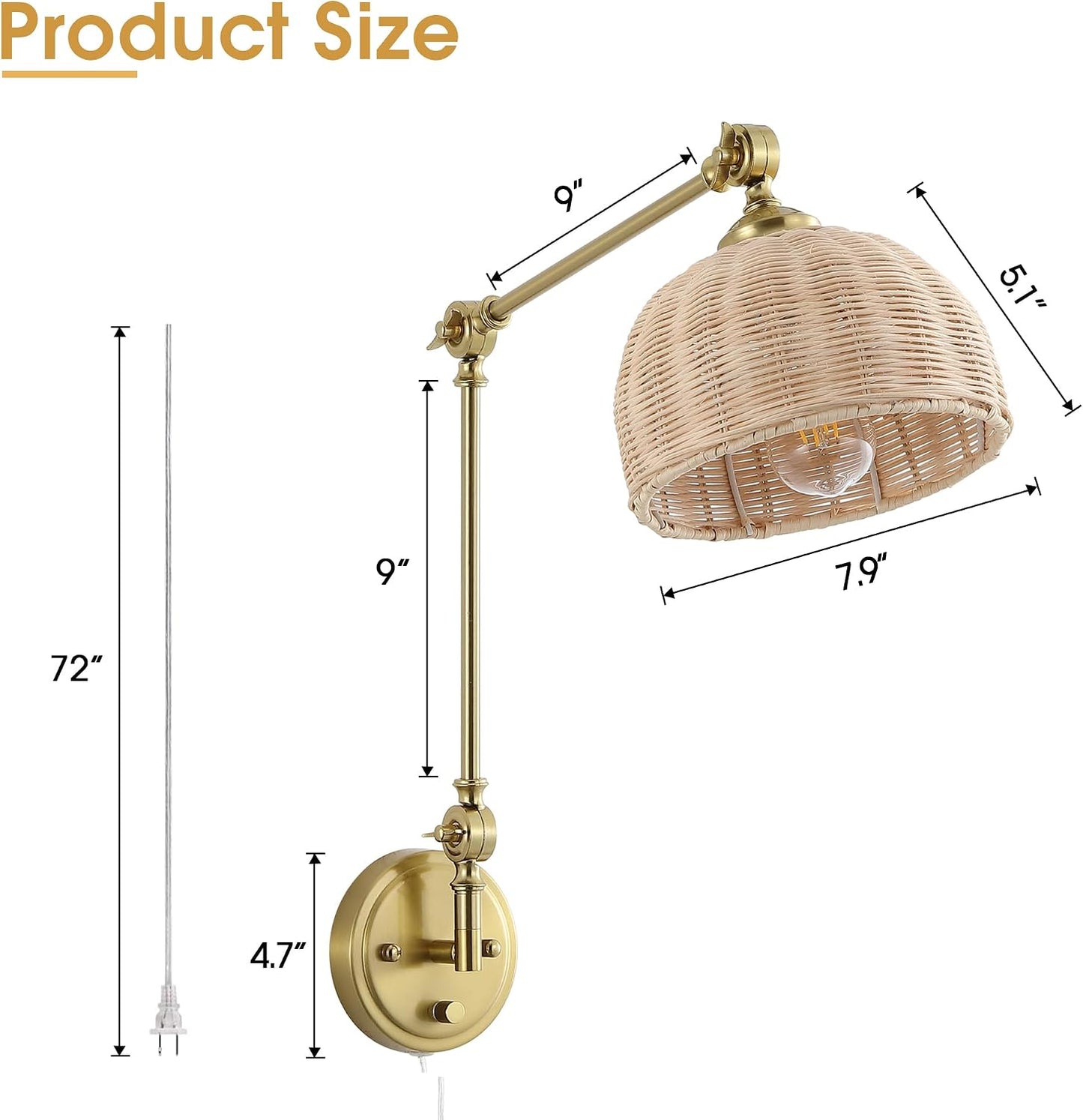 WINGBO Gold Wall Sconce Rattan Wrapped Wall Lamp Set of 2, Adjustable Swing Arm Wall Light Fixture Vintage Bedside