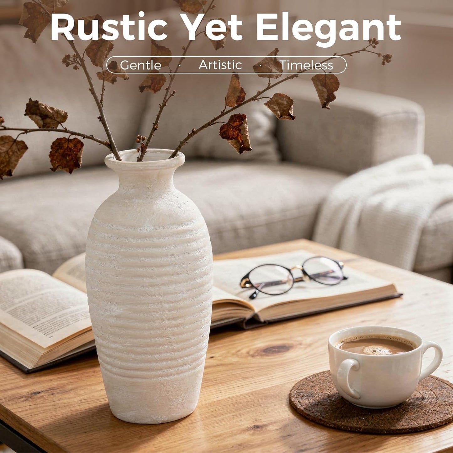 Rustic Ceramic Threaded White Vase / Off-white-14.4"tall