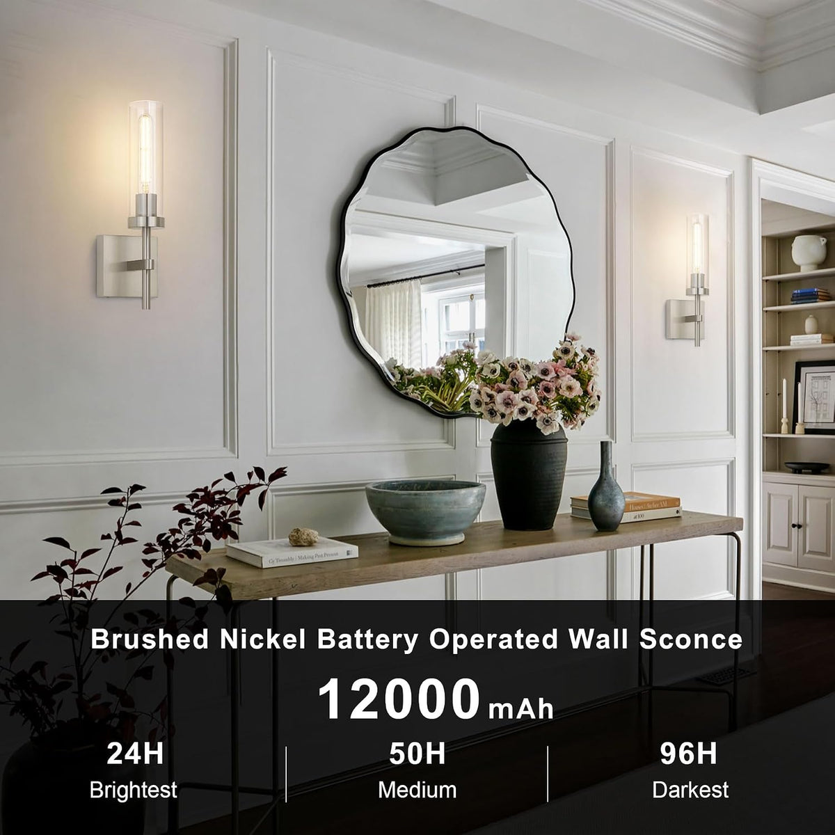 Brushed Nickel Battery Operated Wall Sconces with Remote Control, Wireless Wall Sconce Set of 2, Rechargeable Cordless