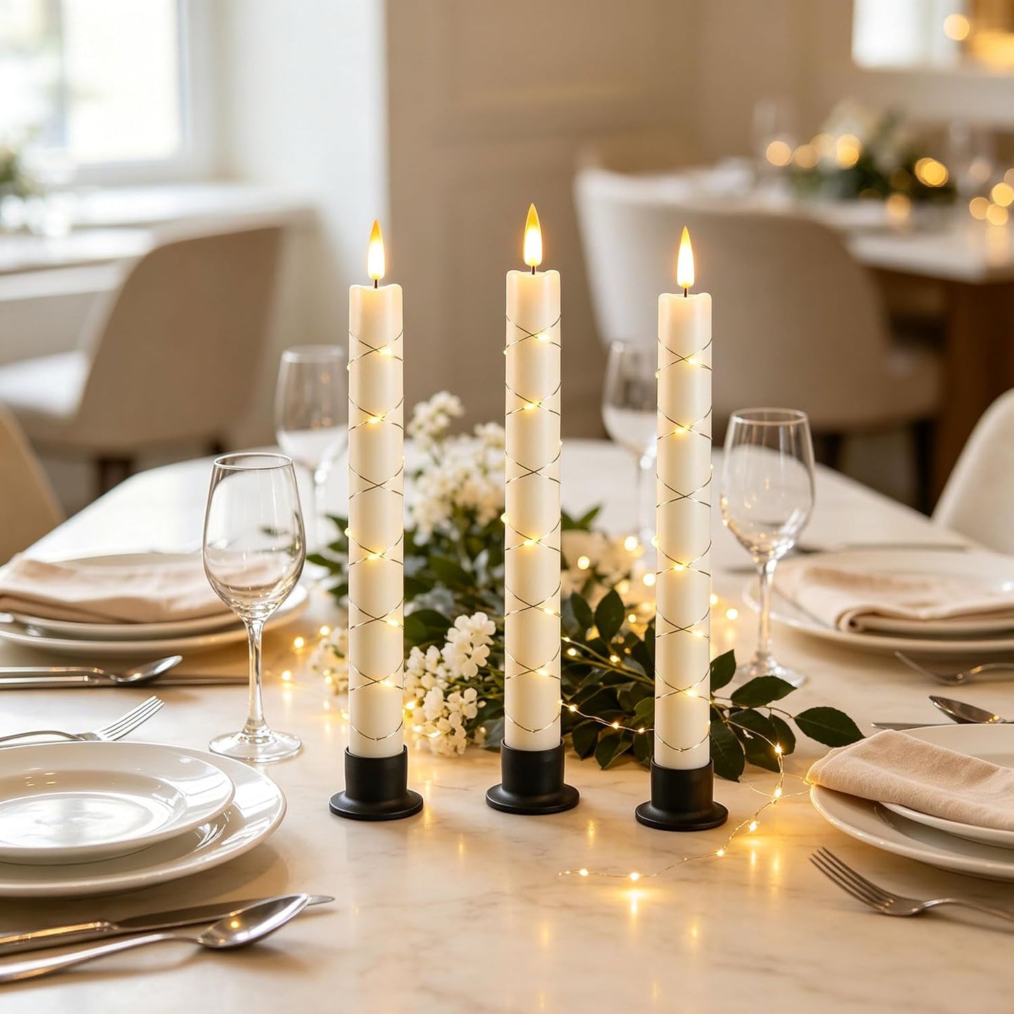 Da by 3 Pack Ivory Heat Resistant Flameless Taper Candles, Cross Surrounding Fairy String Lights, Realistic Dynamic