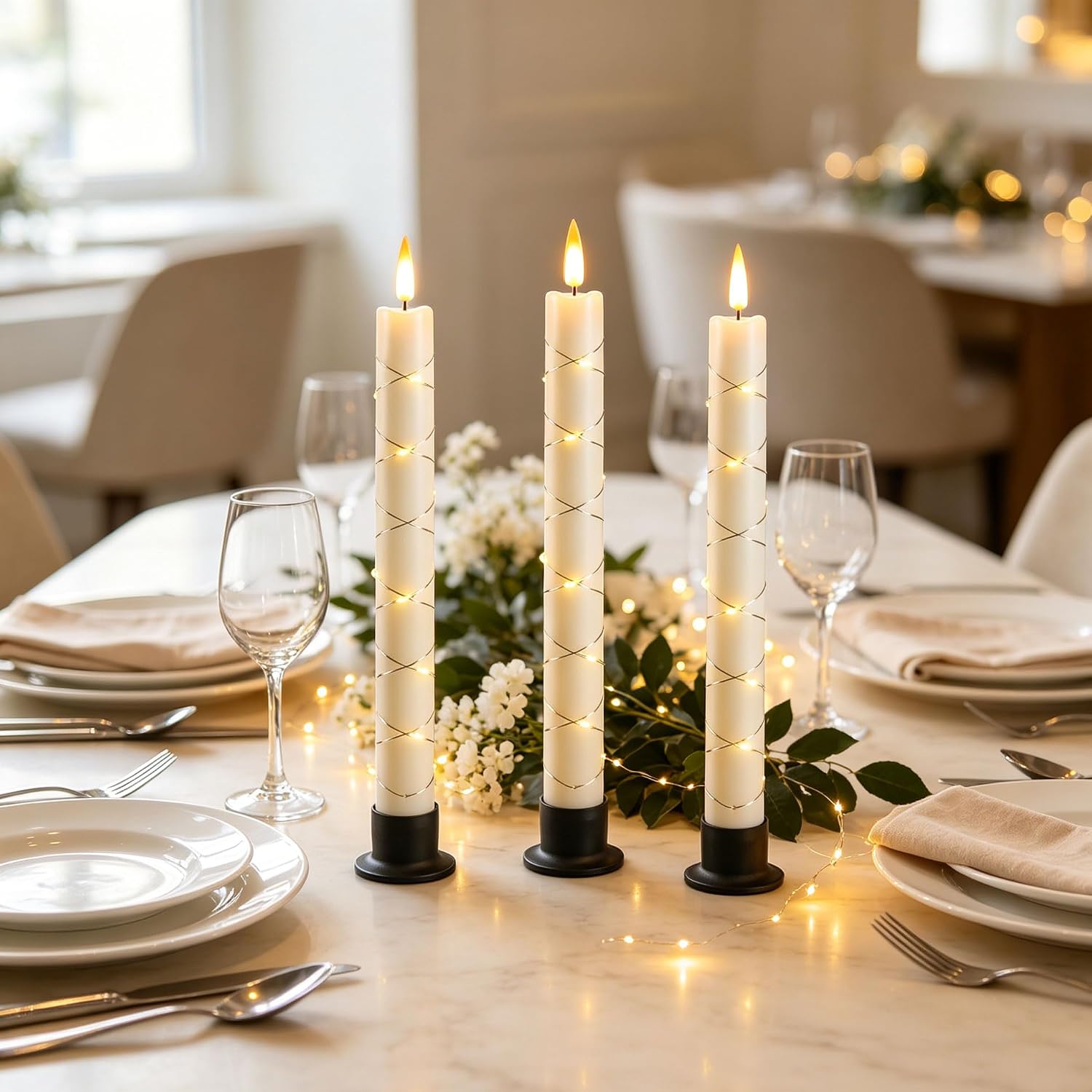 Da by 3 Pack Ivory Heat Resistant Flameless Taper Candles, Cross Surrounding Fairy String Lights, Realistic Dynamic