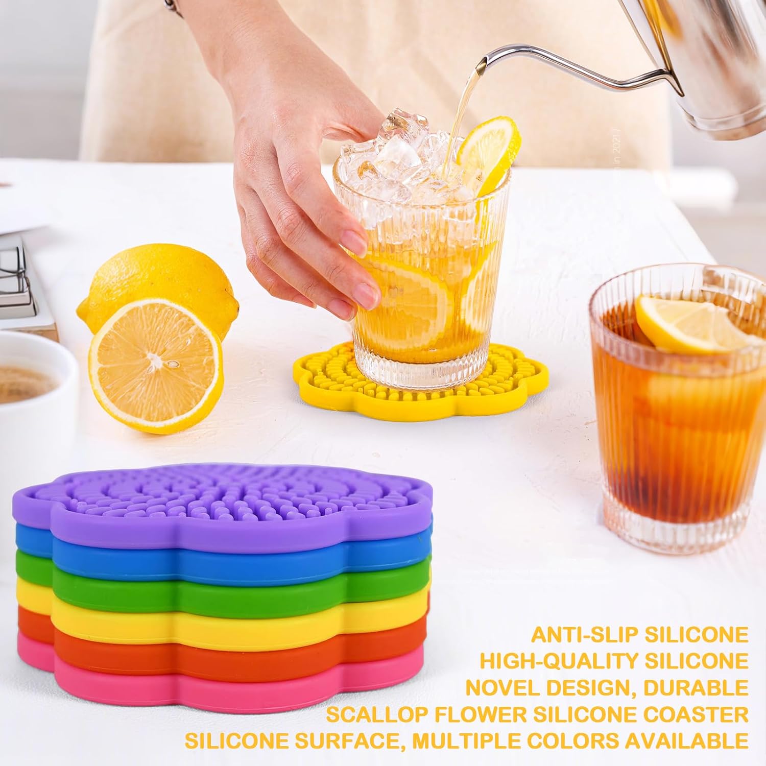 Colorful Silicone Coasters for Drinks Absorbent Scalloped Rainbow Coaster / 4.3 Inch / Set of 6