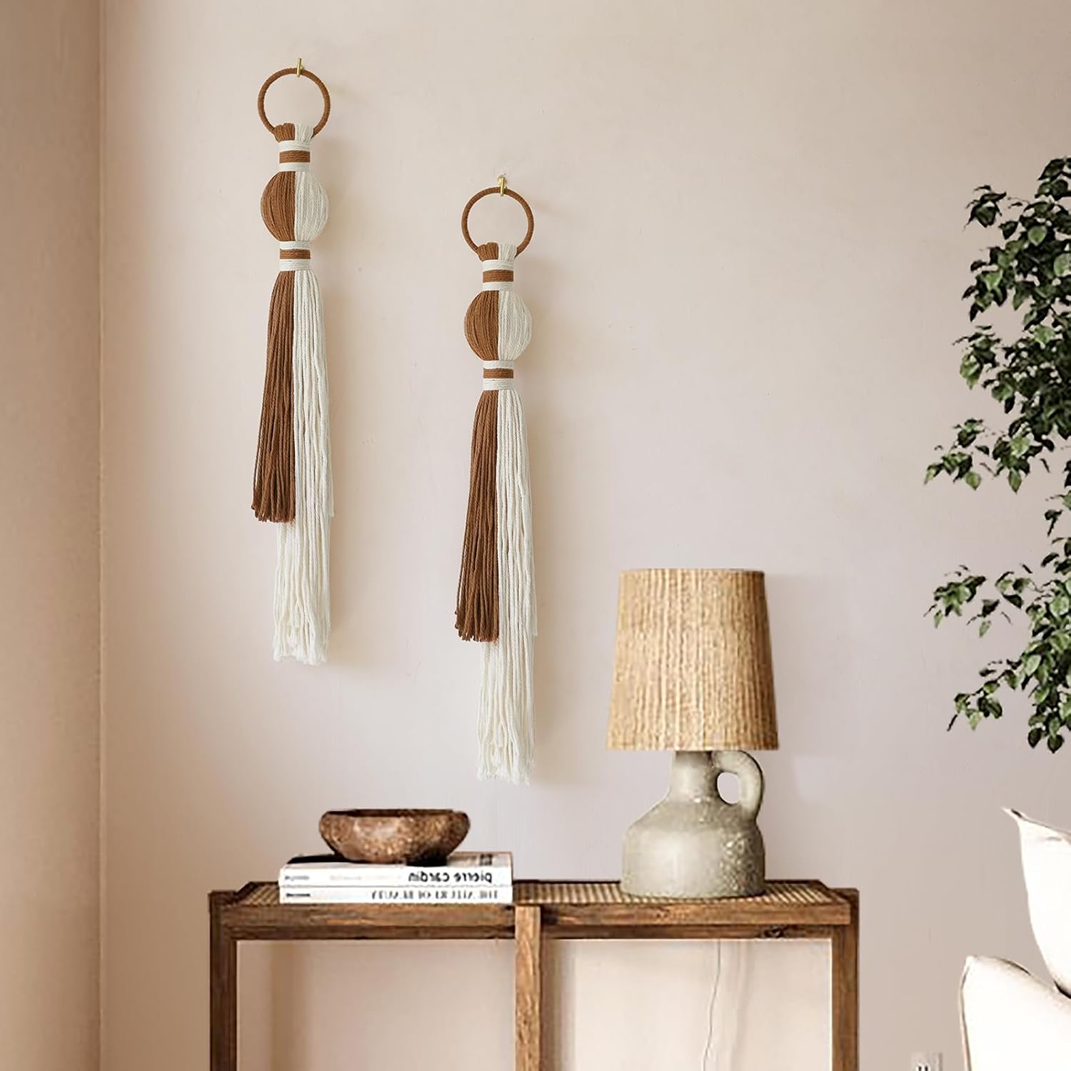 Macrame Wall Hanging Boho Home Decor Fiber Art / Ivory and Brown / Set of 2