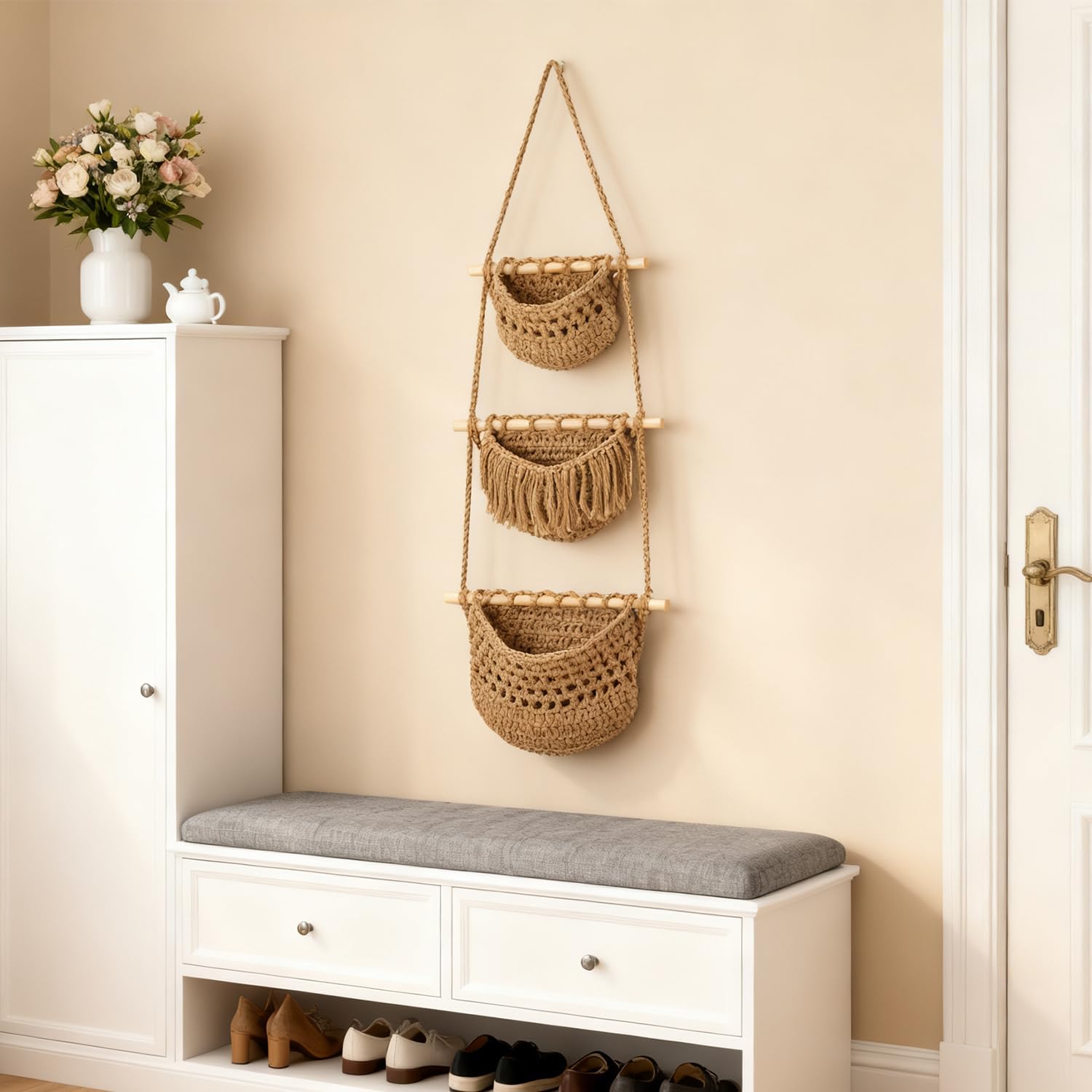 3 Tier Woven Wall Basket / Brown